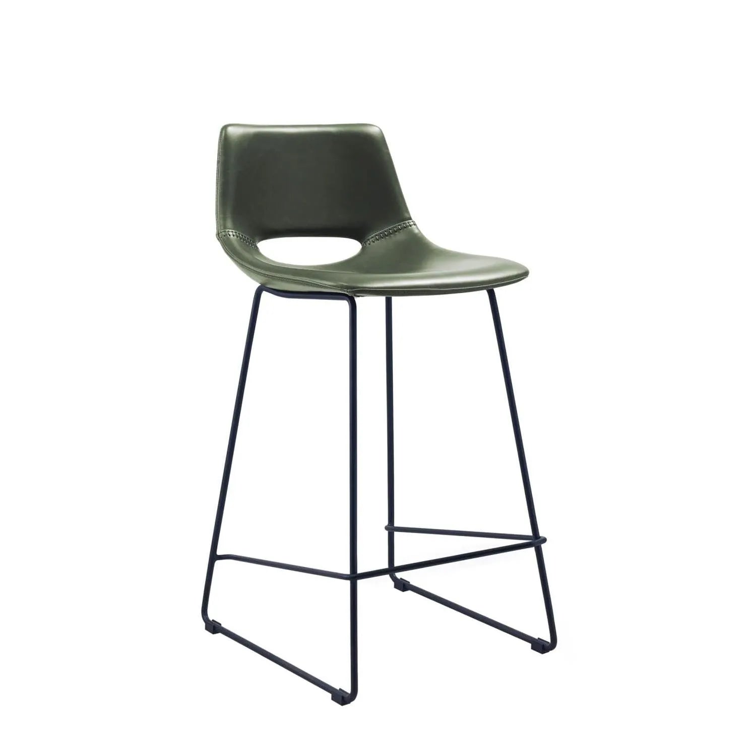 3D-Modell: Zahara Barhocker, grünes Kunstleder, schwarzer Stahl, 65 cm. Modern, stilvoll, ideal für Bar und Küche.