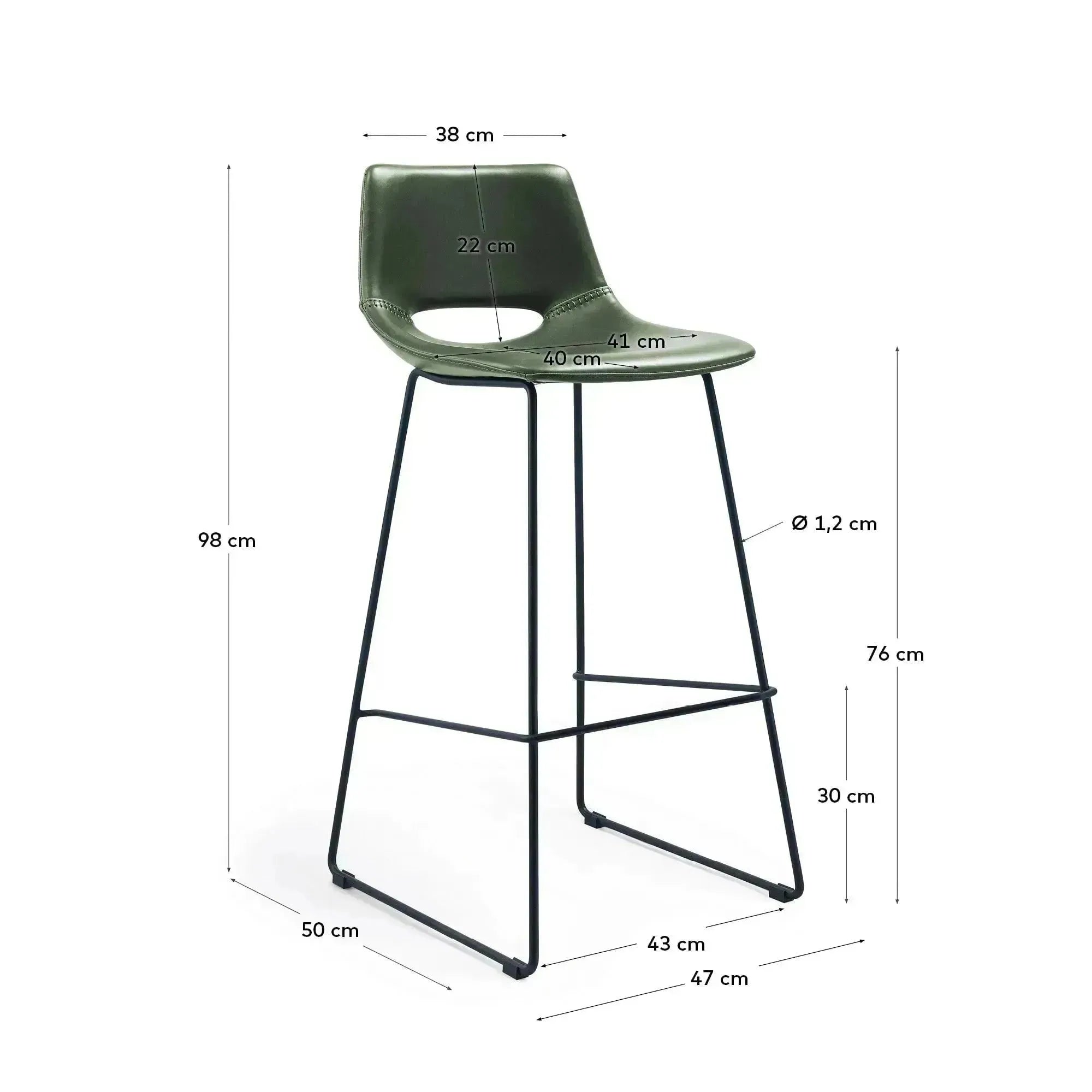 Moderner Barhocker Zahara, grüne Kunstleder-Sitzfläche, stabiler schwarzer Stahlrahmen, 76 cm hoch, perfekt für stilvolle Räume.
