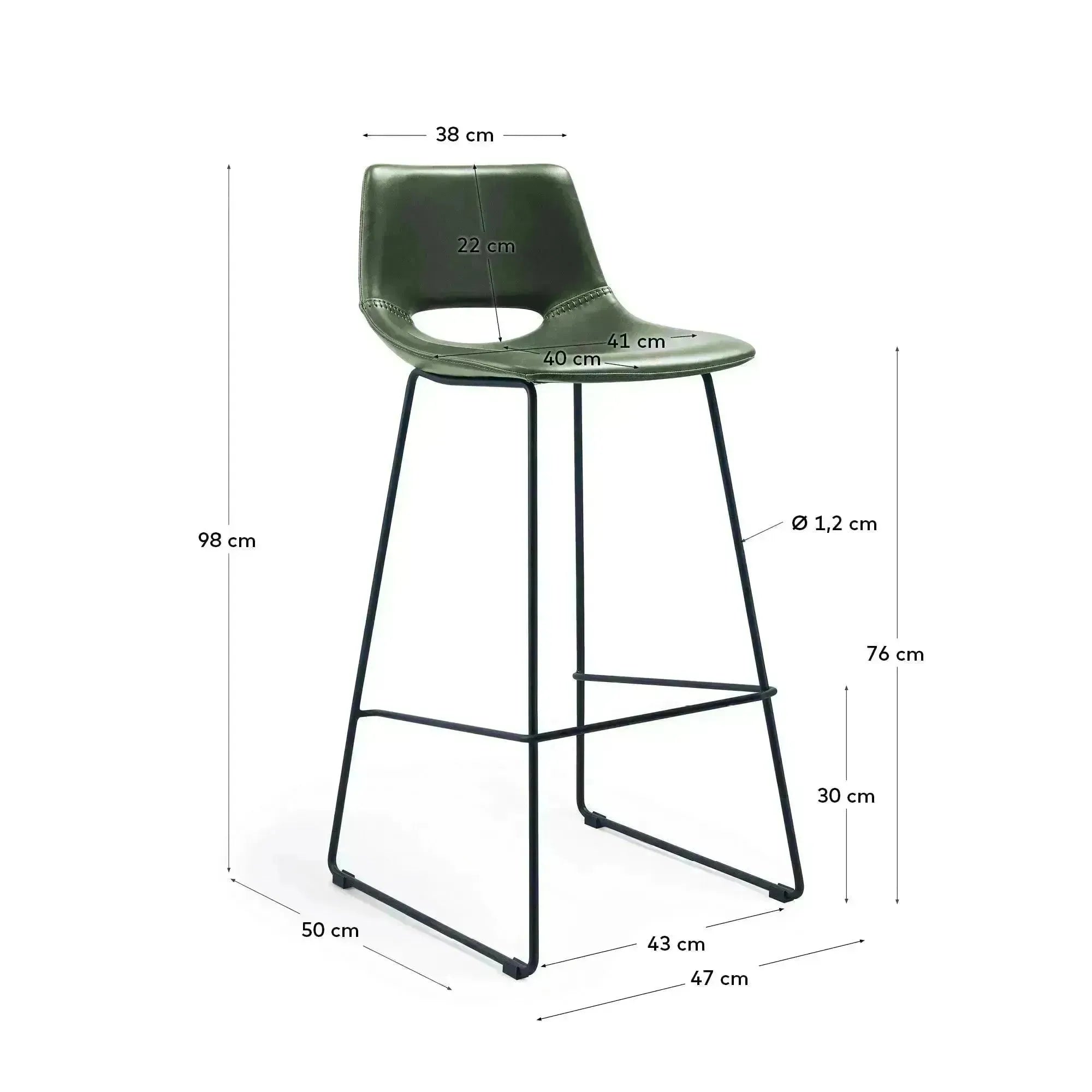 Eleganter Zahara Barhocker mit grünem Kunstlederbezug, schwarzem Stahlgestell und 76 cm Sitzhöhe, ideal für moderne Einrichtungen.