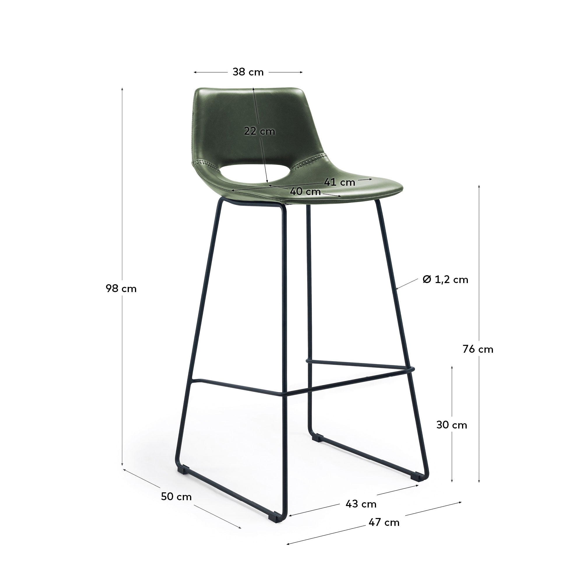 Eleganter Zahara Barhocker in grünem Kunstleder und schwarzem Stahl, 76 cm hoch – ideal für moderne Küchen und Bars, vereint Stil und Komfort.