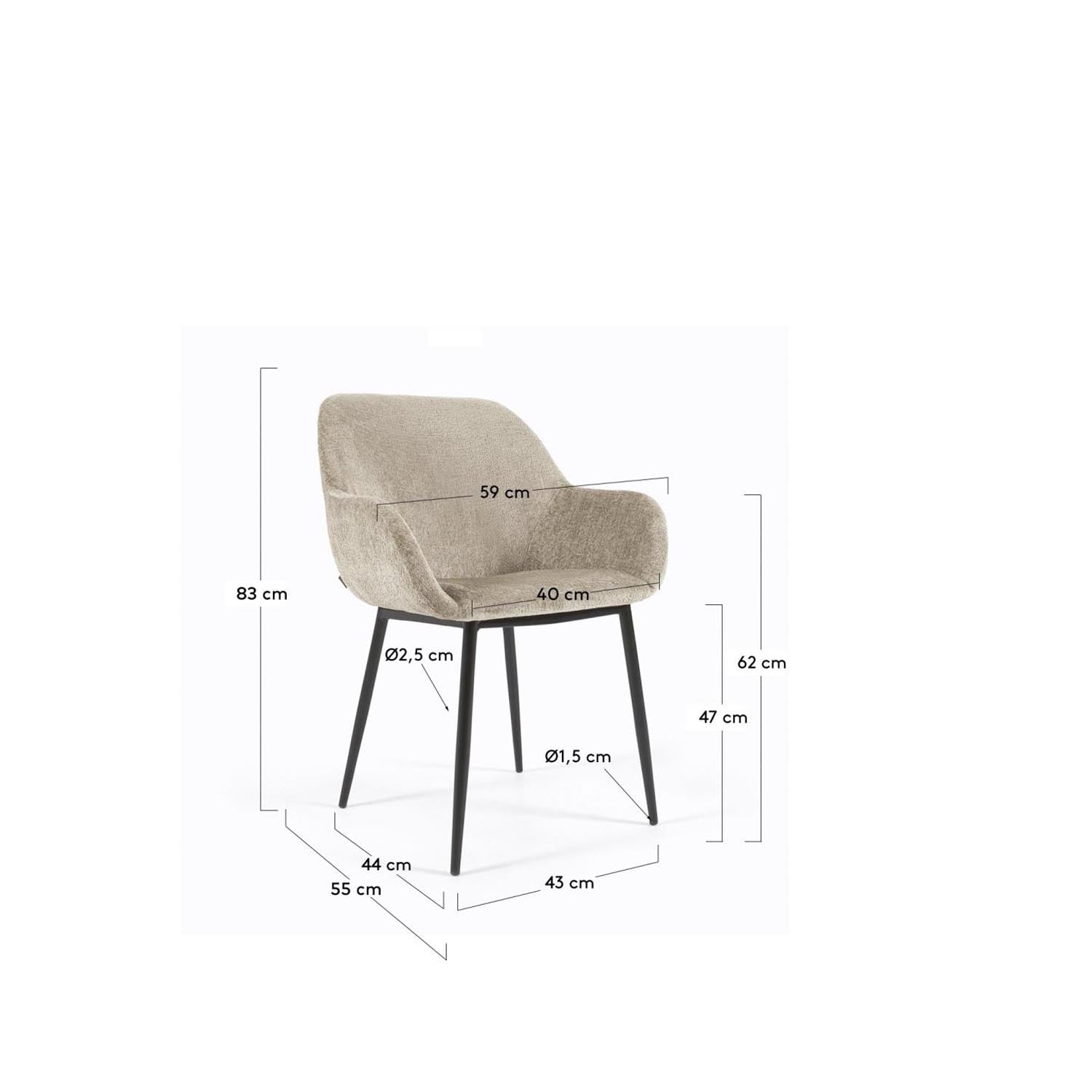 Konna Stuhl: Beiger Chenille, schwarze Beine, modernes Design, Kave Home.