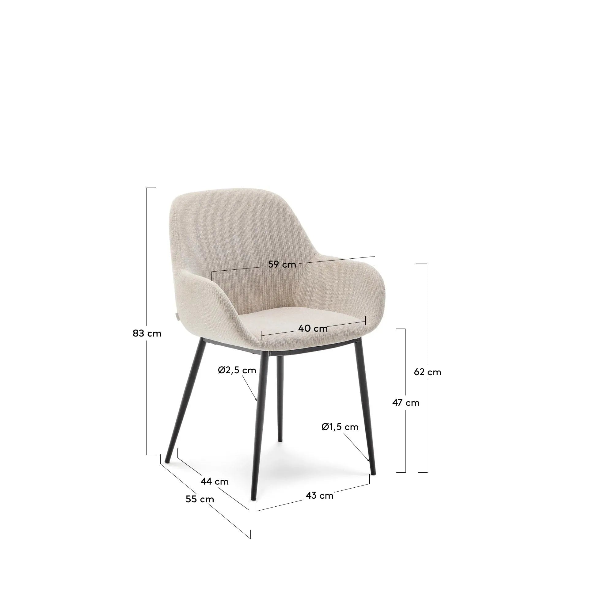 Eleganter Stuhl Konna: Beigefarbener Stoff, schwarze Stahlbeine, zeitloses Design, hoher Komfort, ideal für moderne Esszimmer.