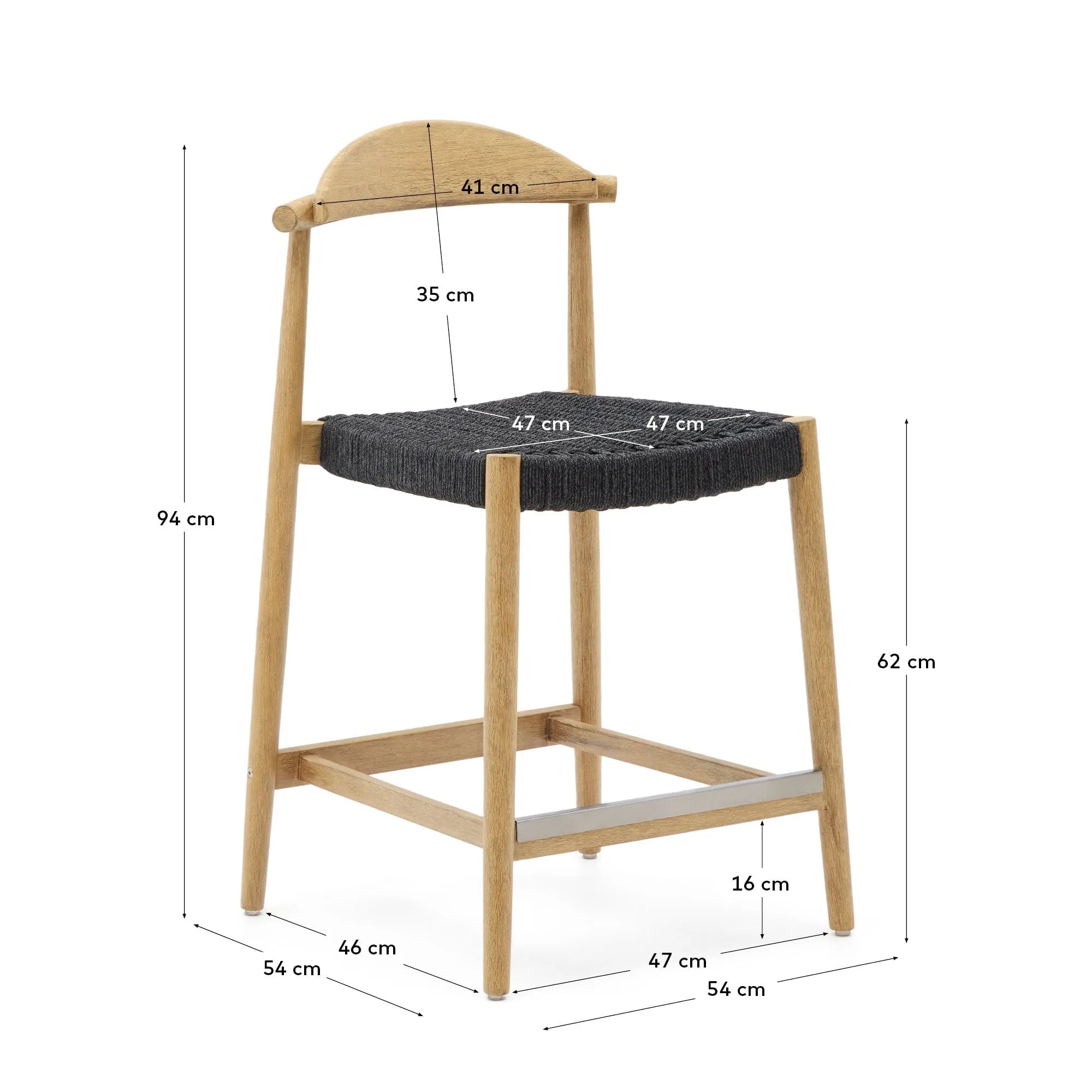 Eleganter Hocker aus Akazienholz mit handgeflochtenem Seilsitz, ideal für stilvolle Außenbereiche.