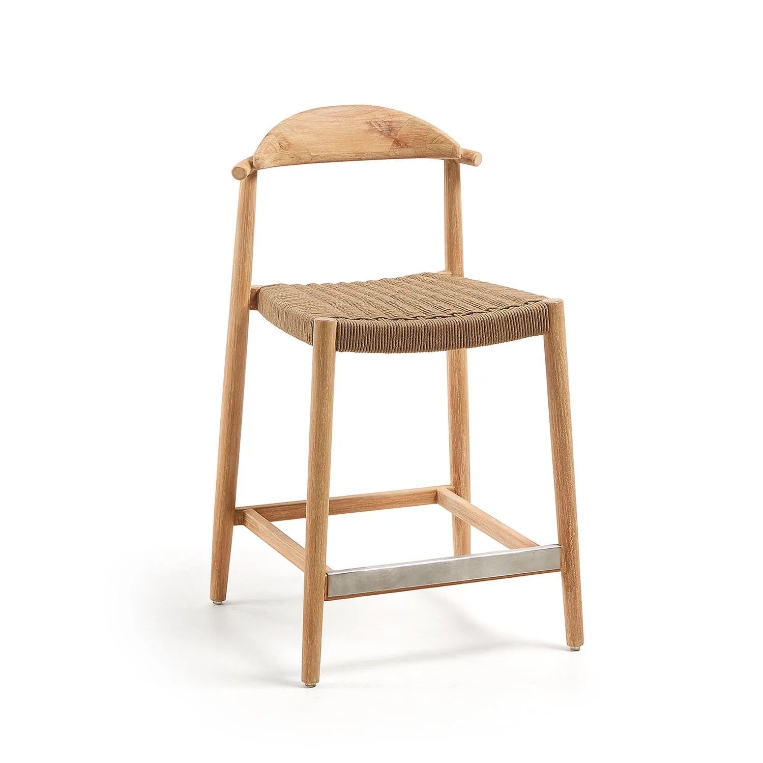 3D-Modell eines eleganten, 62 cm hohen Nina Hockers aus Akazienholz mit handgefertigtem Seilgeflecht, FSC-zertifiziert.
