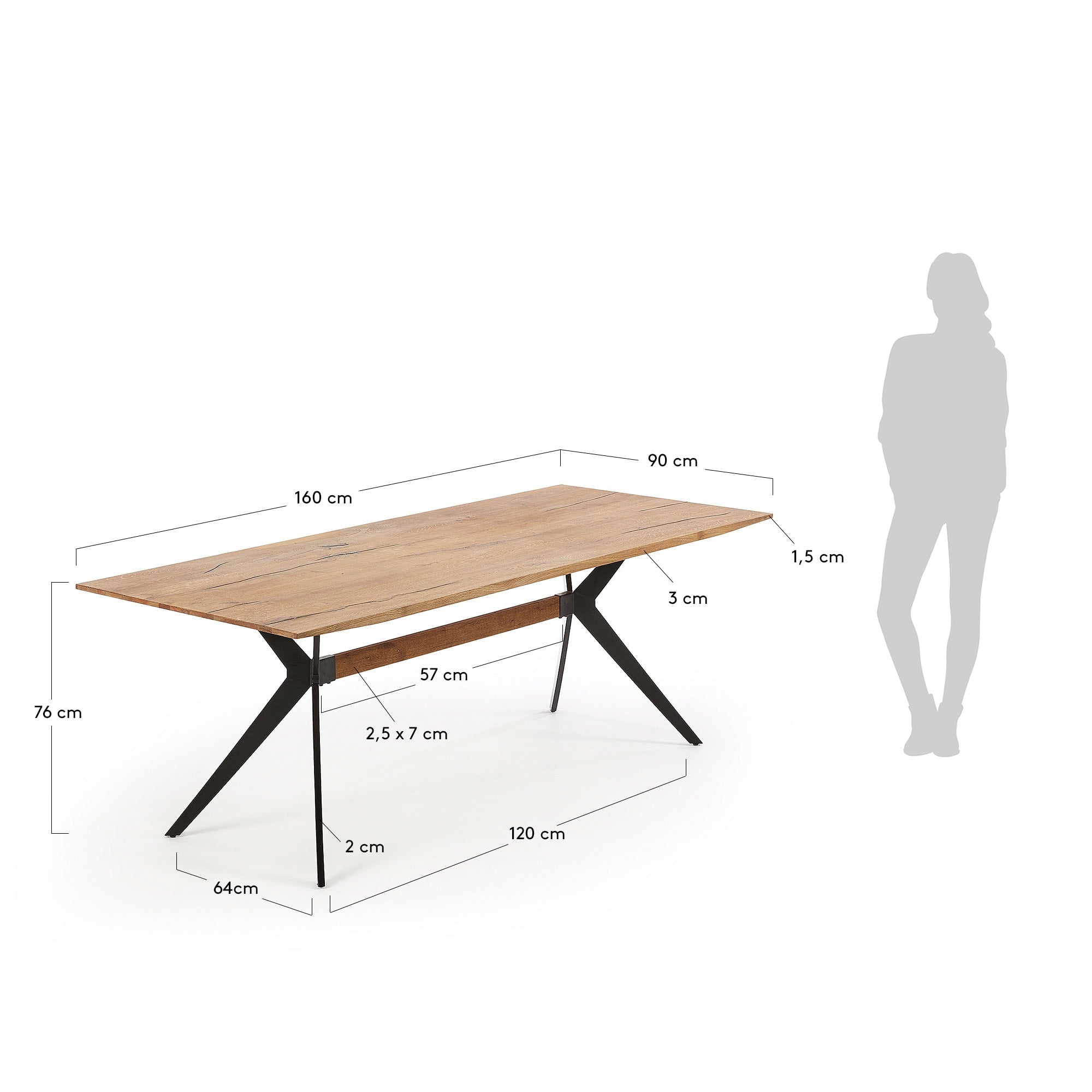 Amethyst Tisch: Elegantes Eichenfurnier mit Antikfinish, schwarze Stahlbeine, 160x90 cm, modernes Design von Kave Home.
