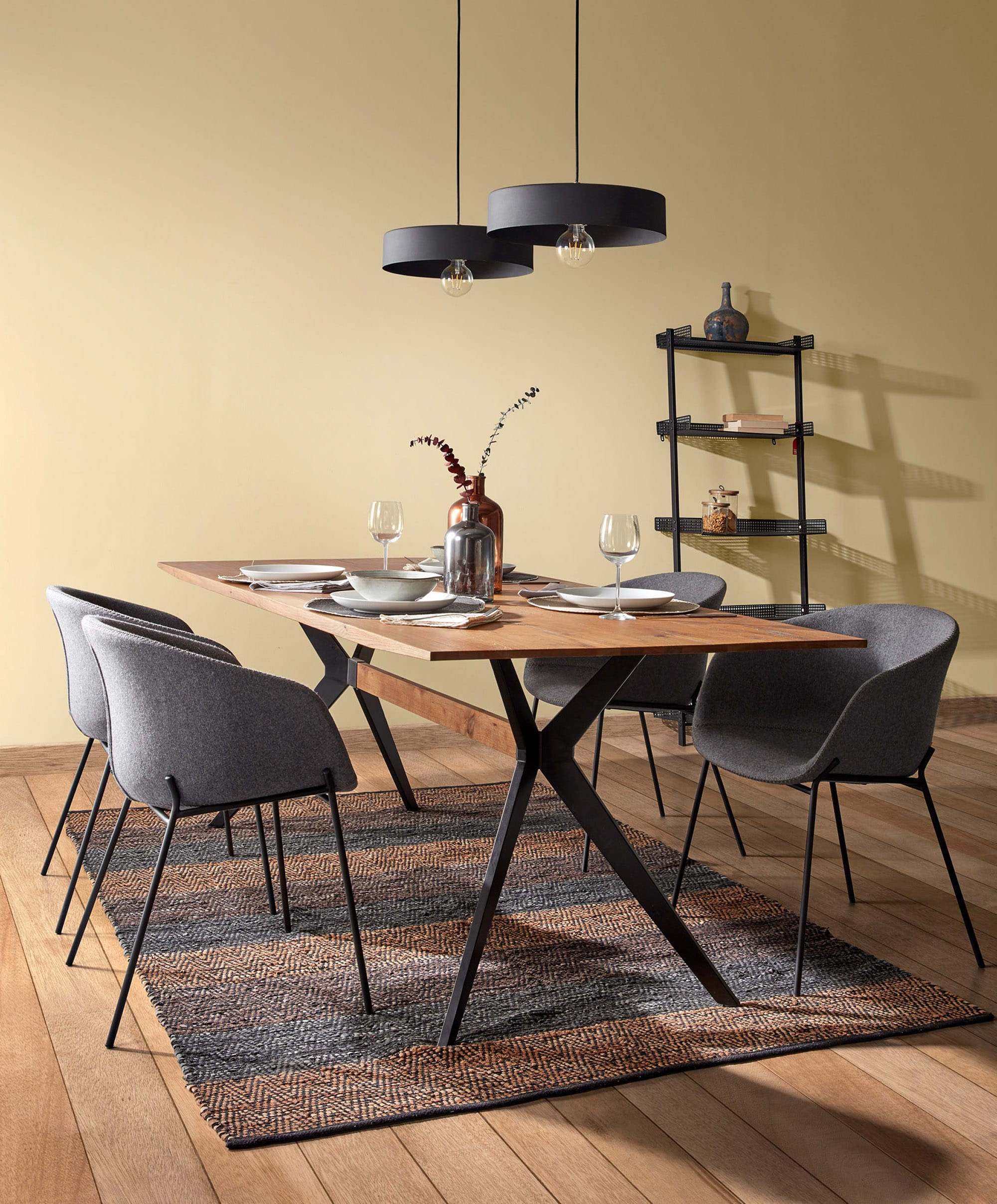 Amethyst table made of oak veneer with antique finish and black steel legs, 160 x 90 cm