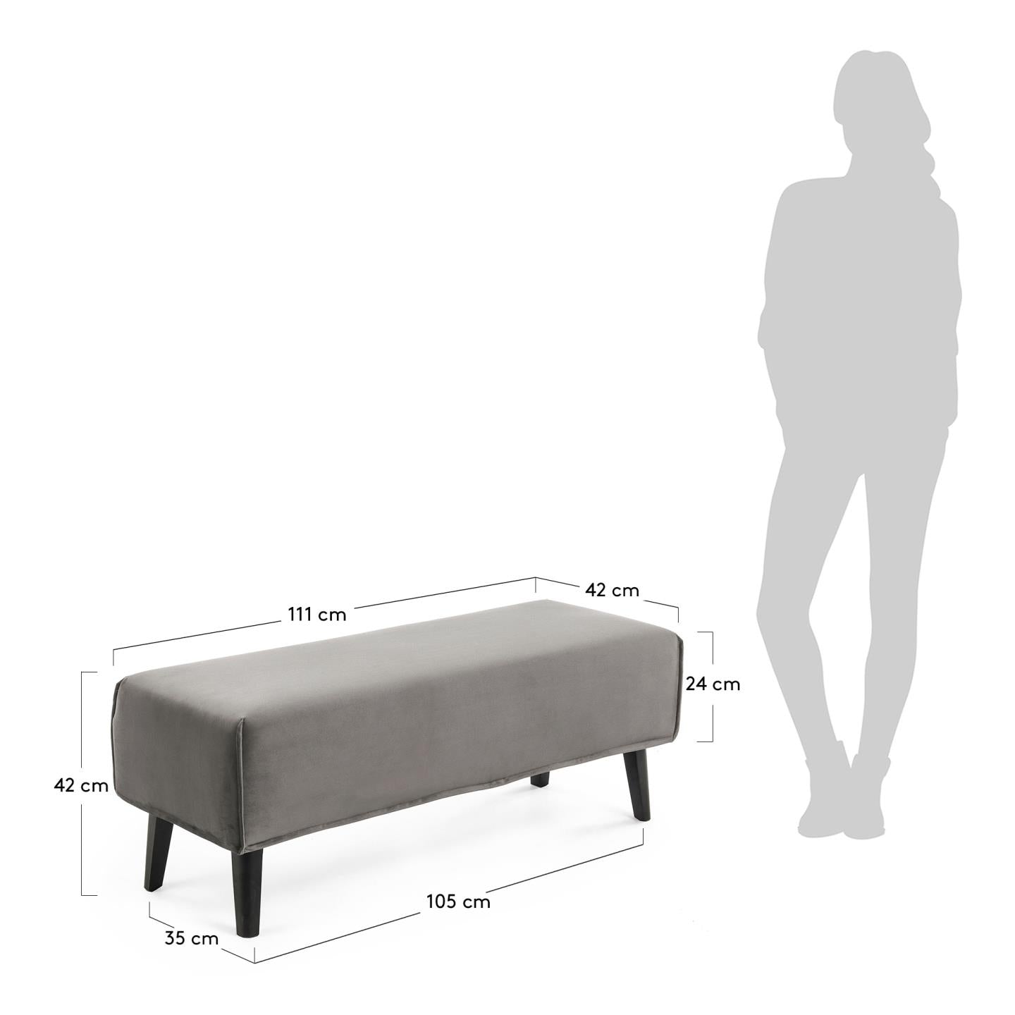 Eleganter grauer Samtbezug für die Dyla Polsterbank von Kave Home, perfekt für stilvolle und moderne Wohnräume.