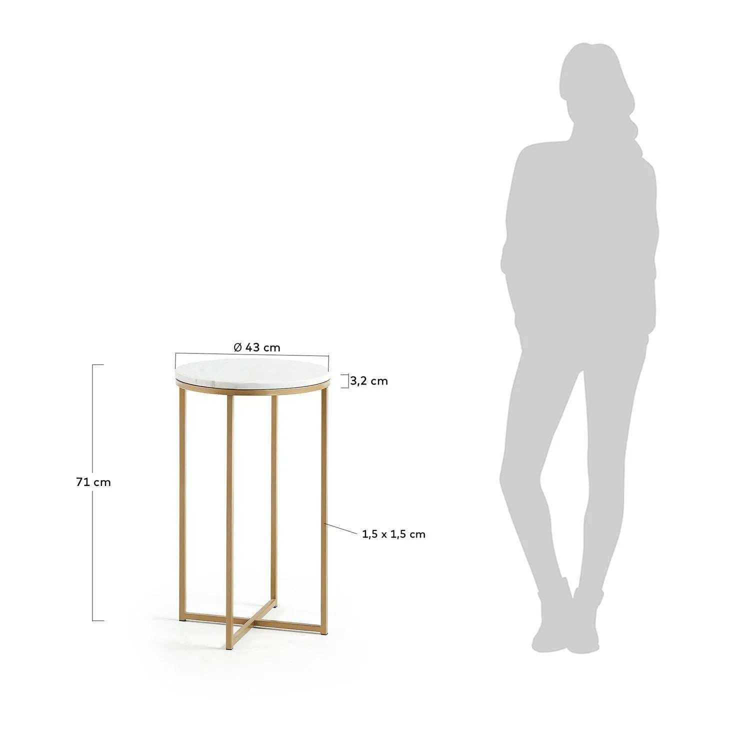 Eleganter Kave Home Tisch: Weißer Marmor, goldene Stahlbeine, Ø 43 cm.