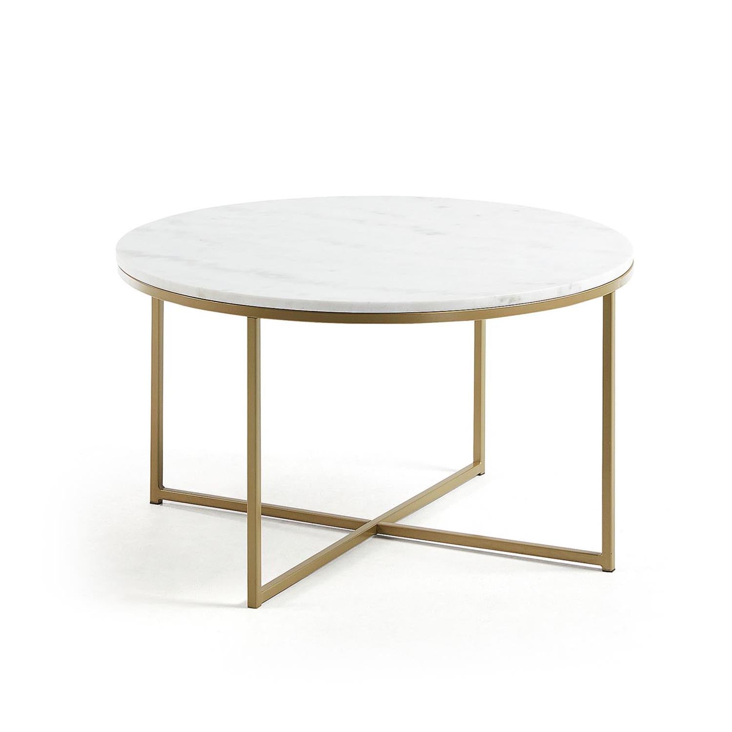 Eleganter Sheffield Couchtisch: Weißer Marmor, goldene Stahlbeine, Ø 80 cm. Zeitloses Design, luxuriös und stabil.