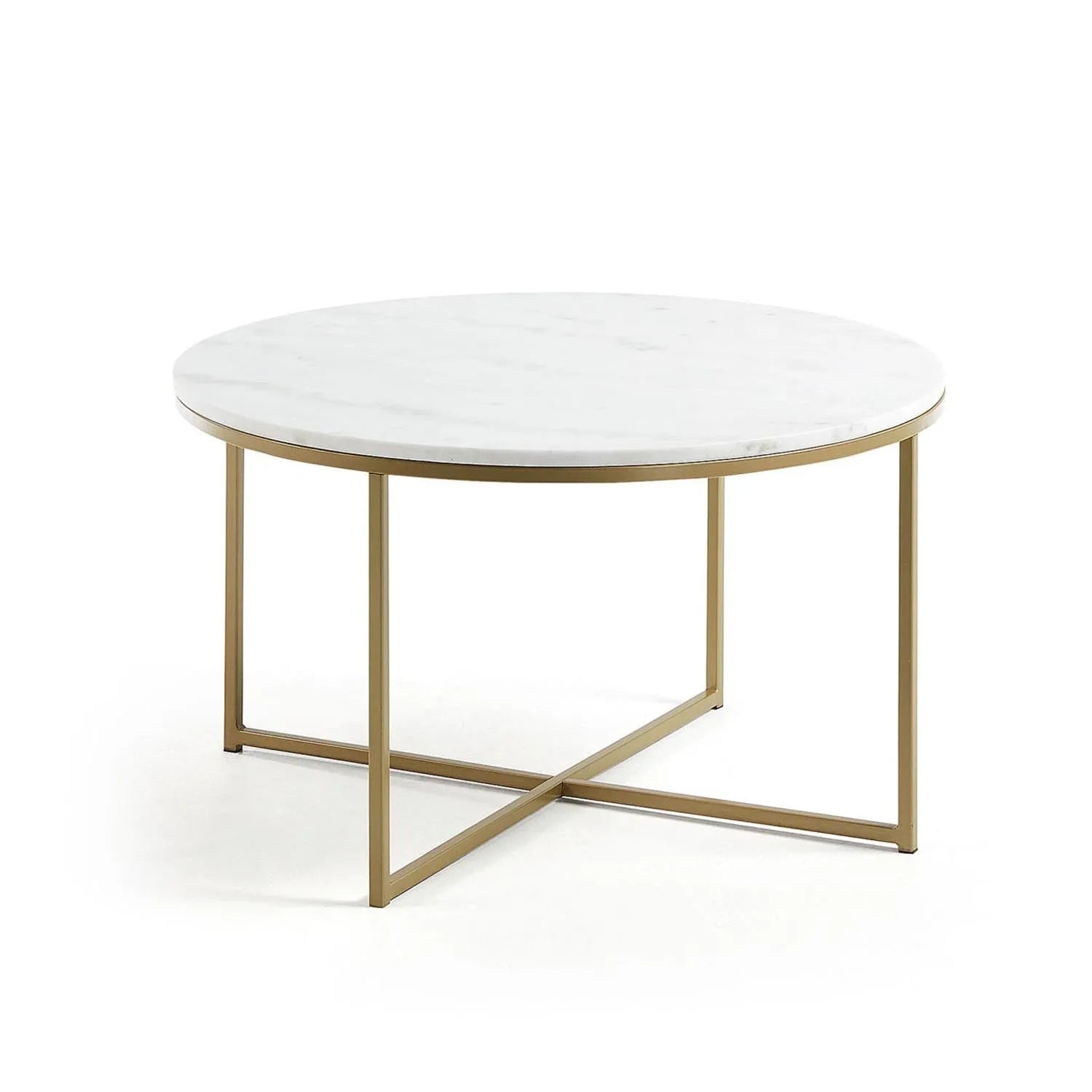 Eleganter Sheffield Couchtisch: Weißer Marmor, goldene Stahlbeine, Ø 80 cm. Zeitloses Design, luxuriös und stabil.