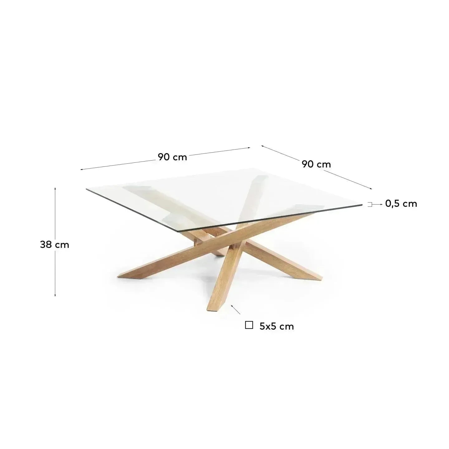 Eleganter Kamido Couchtisch 90x90 cm mit Glasplatte und Stahlbeinen in Holzoptik, modernes Design von Kave Home für Ihr Zuhause.