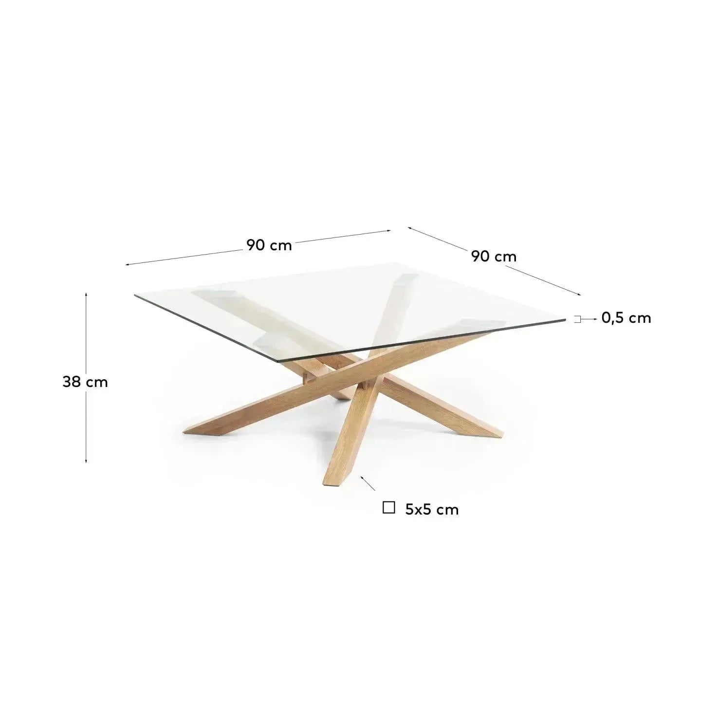Eleganter Kamido Couchtisch 90x90 cm mit Glasplatte und Stahlbeinen in Holzoptik, modernes Design von Kave Home für Ihr Zuhause.