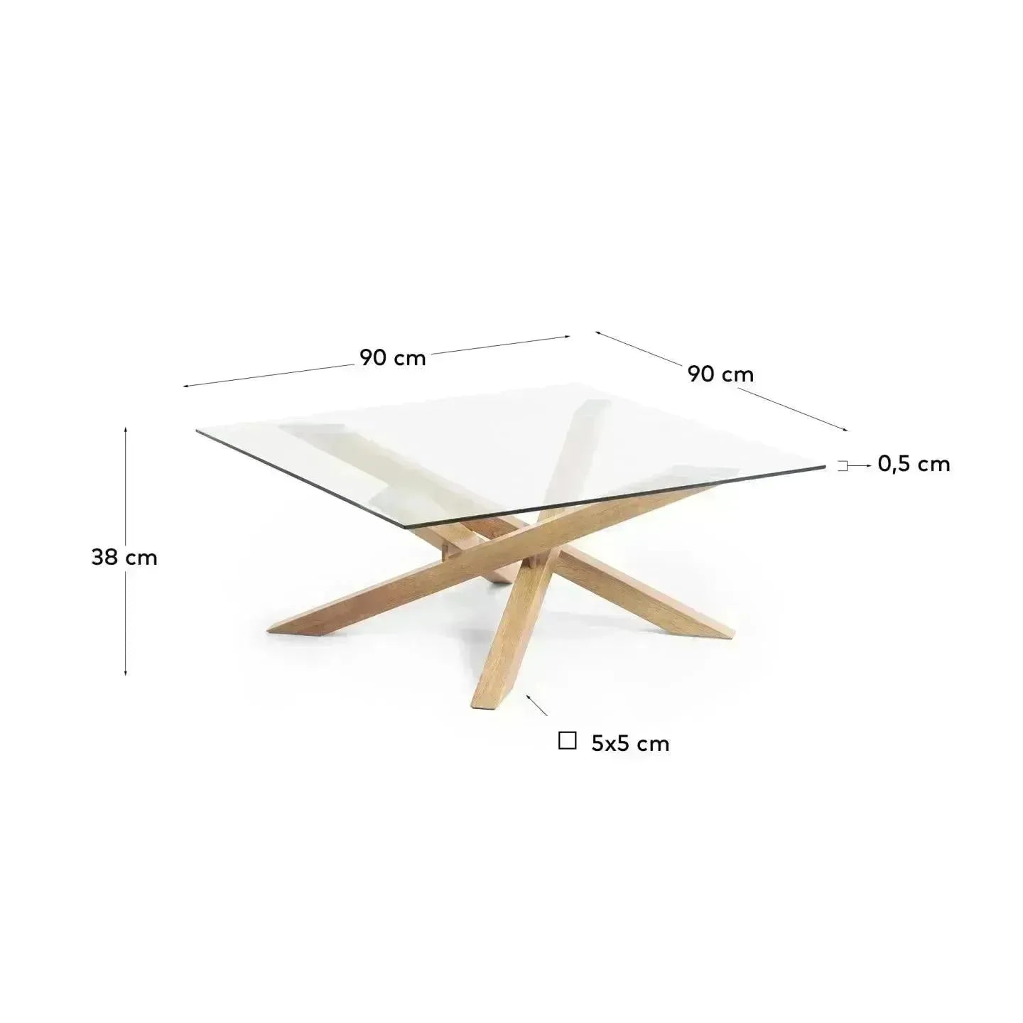Eleganter Kamido Couchtisch 90x90 cm mit Glasplatte und Stahlbeinen in Holzoptik, modernes Design von Kave Home für Ihr Zuhause.