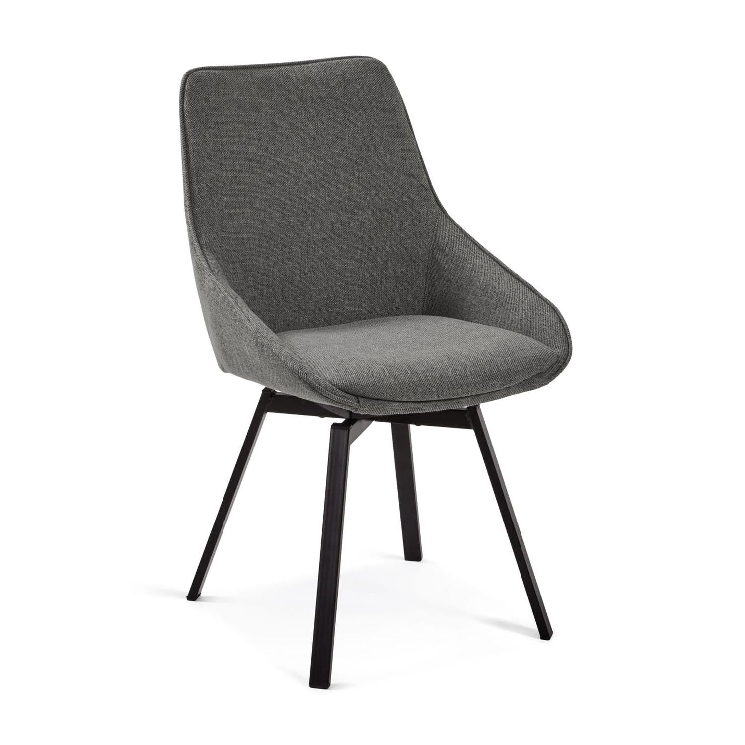 3D-Modell des Jenna Drehstuhls: Dunkelgrauer Sitz, schwarze Stahlbeine, ideal für stilvolle Esszimmer oder Büros.