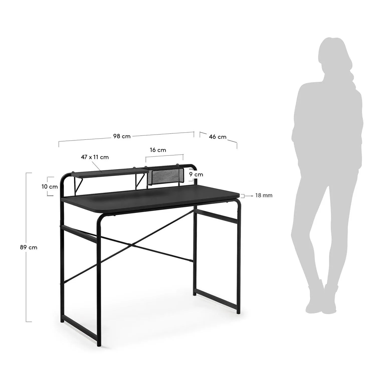 Stilvoller Foreman Tisch: Schwarzes Melamin & Stahl, 98x46 cm.