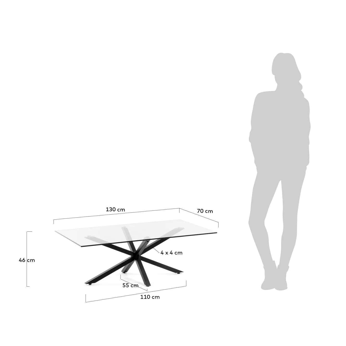 Moderner Argo Couchtisch 130x70 cm mit Glasplatte und schwarzen Stahlbeinen, ideal für zeitgemäße Wohnräume und elegantes Design.