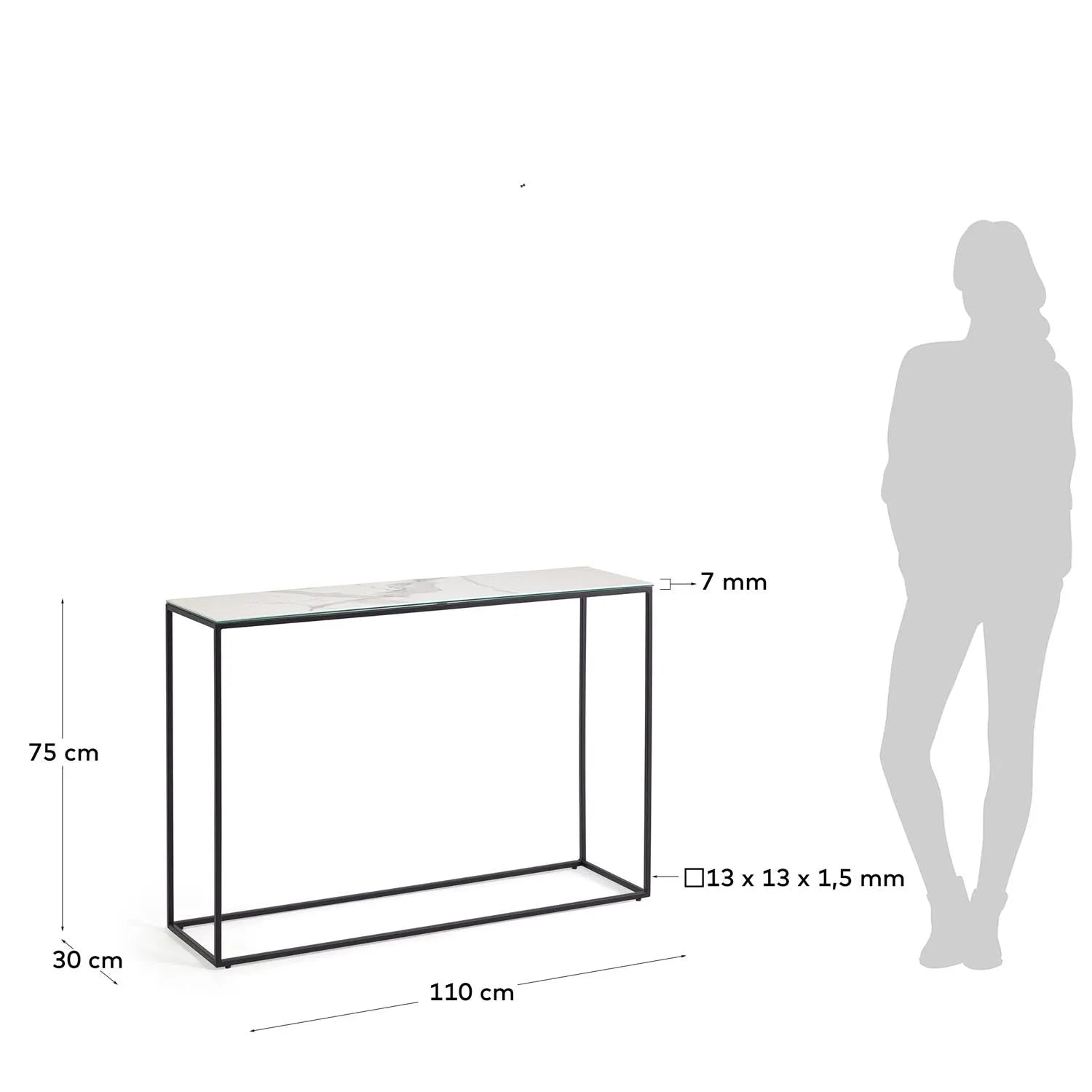 Eleganter Rewena Tisch: Weißes Feinsteinzeug & Stahl, 110x75 cm.