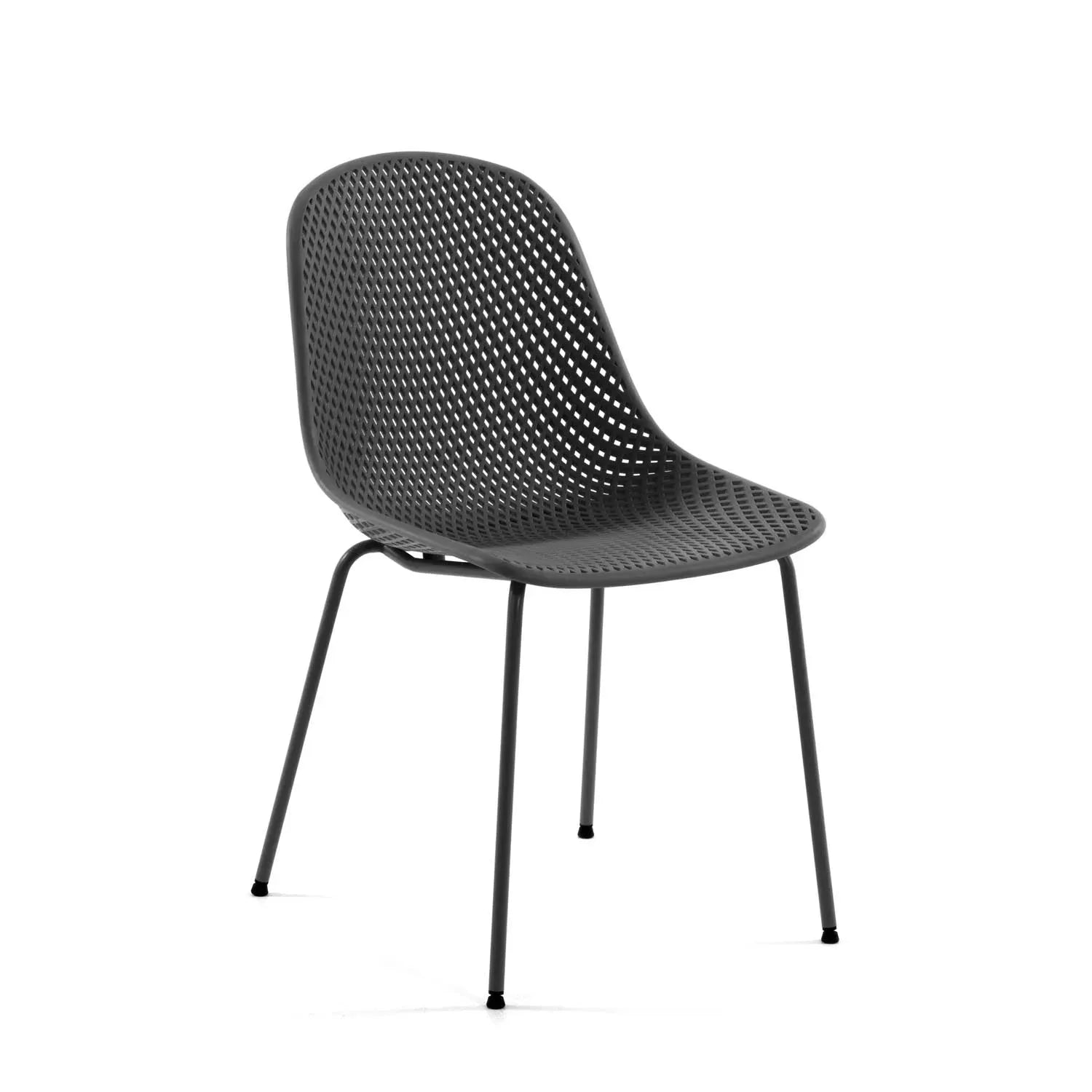 3D-Modell des eleganten, wetterfesten Outdoor-Stuhls Quinby in Grau von Kave Home für Garten und Balkon.