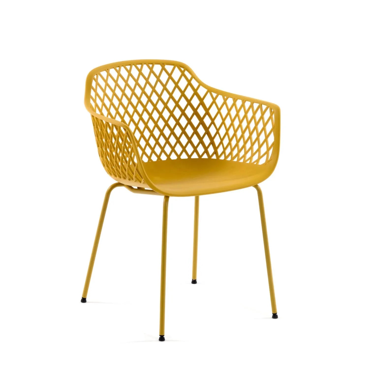 3D-Modell des gelben Quinn Outdoor Stuhls von Kave Home, modern und wetterfest, ideal für Garten und Balkon.