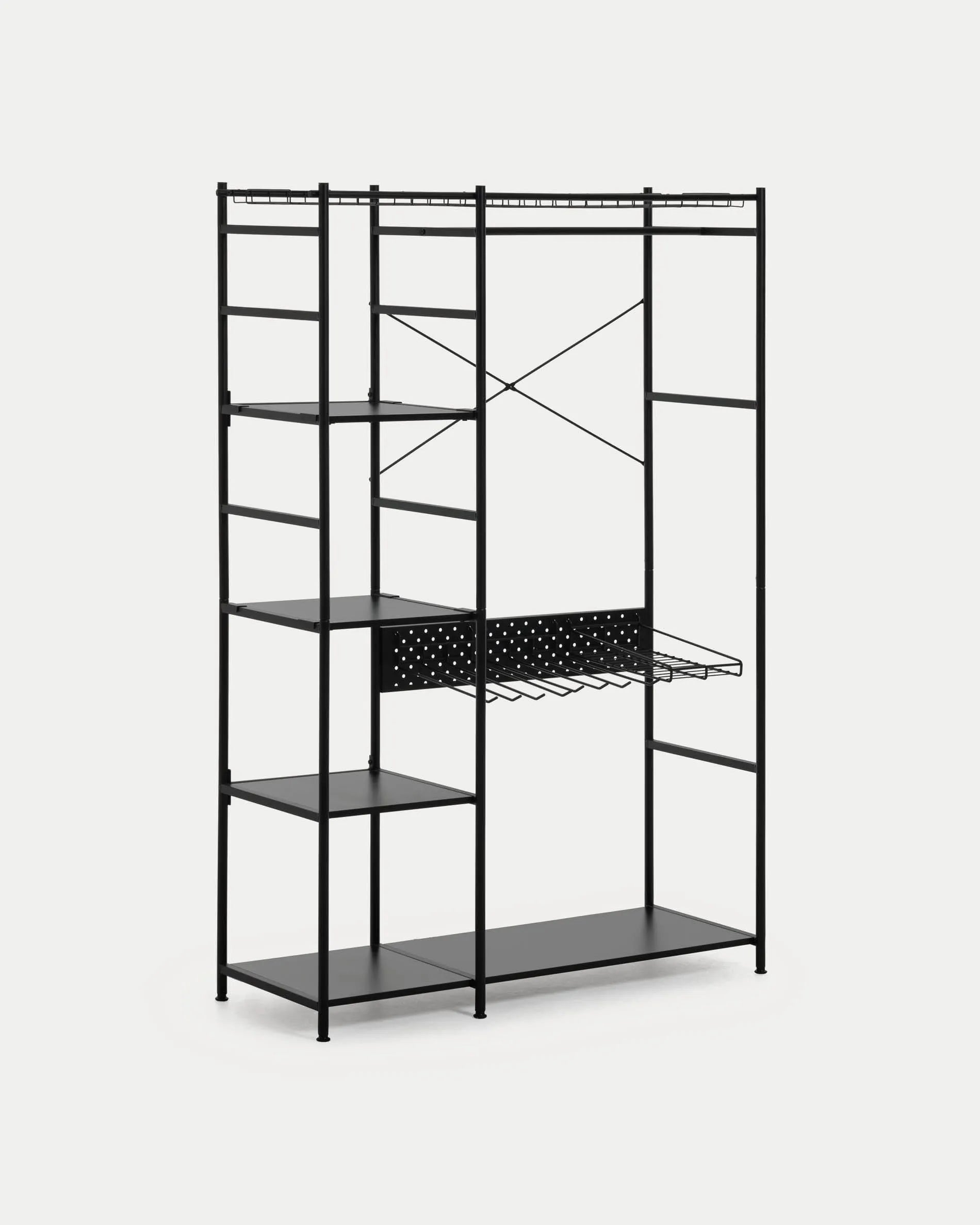 Moderner offener Schrank von Kave Home, 120x182 cm, mit stilvollem schwarzem Finish, ideal für zeitgemäße Wohnräume.