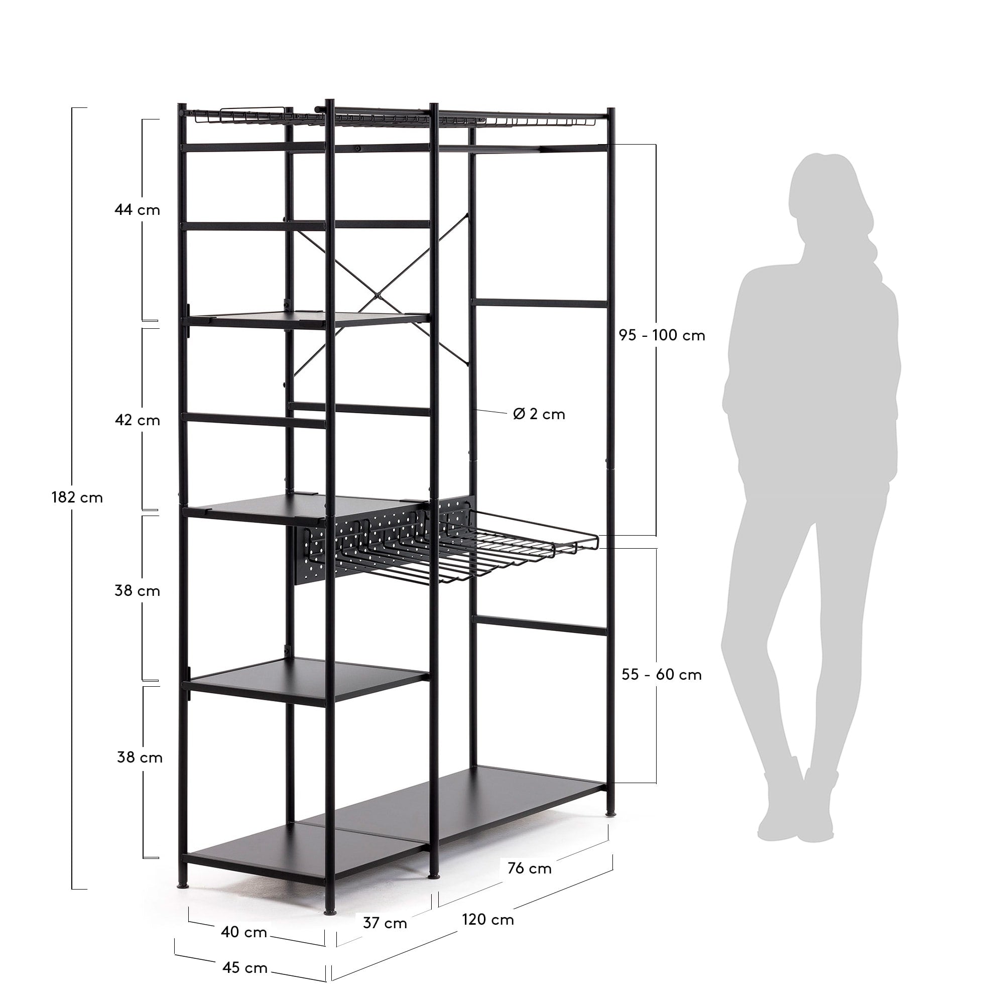 Eleganter offener Schrank von Kave Home, 120x182 cm, mit schwarzem Finish, perfekt für moderne und minimalistische Einrichtungen.