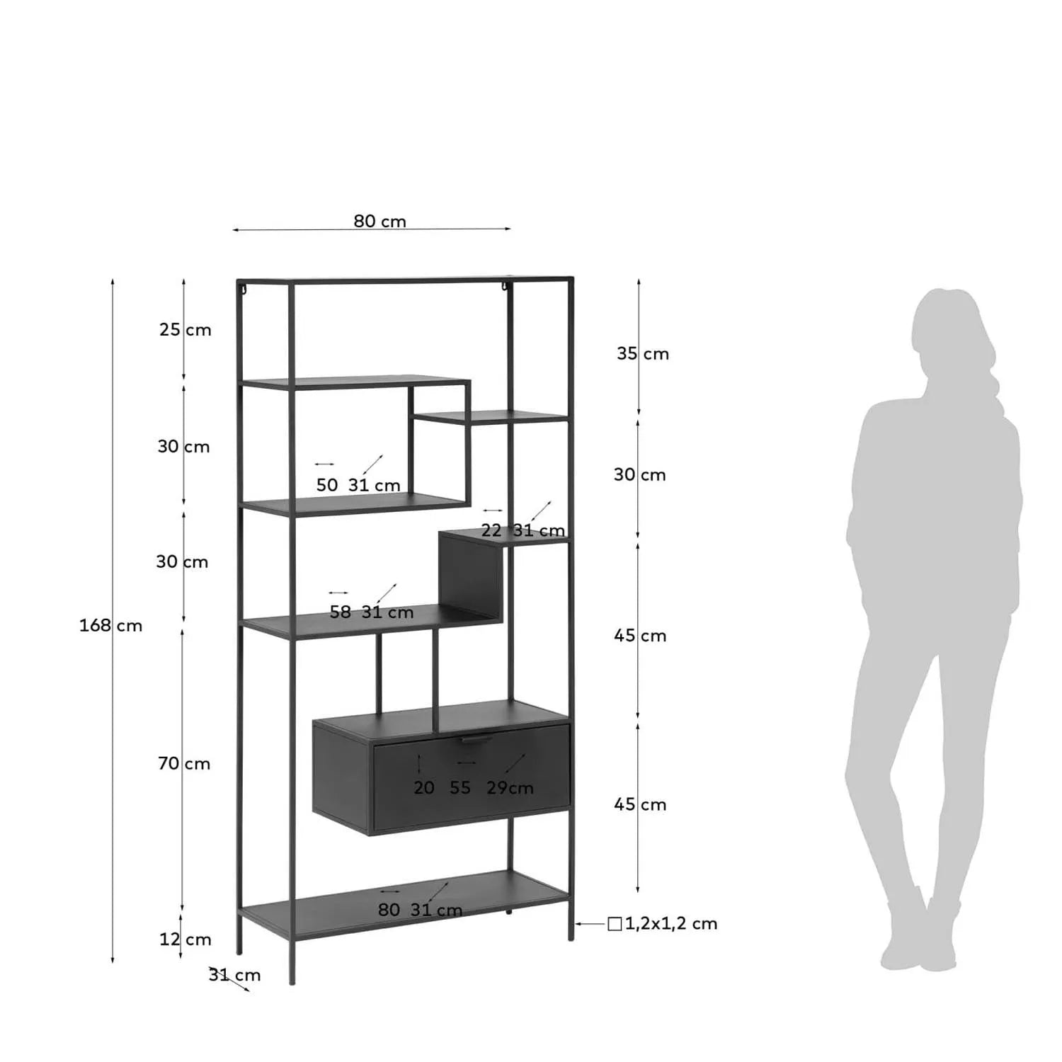Elegantes Kave Home Shantay Regal, 80x168 cm, schwarzer Stahl.