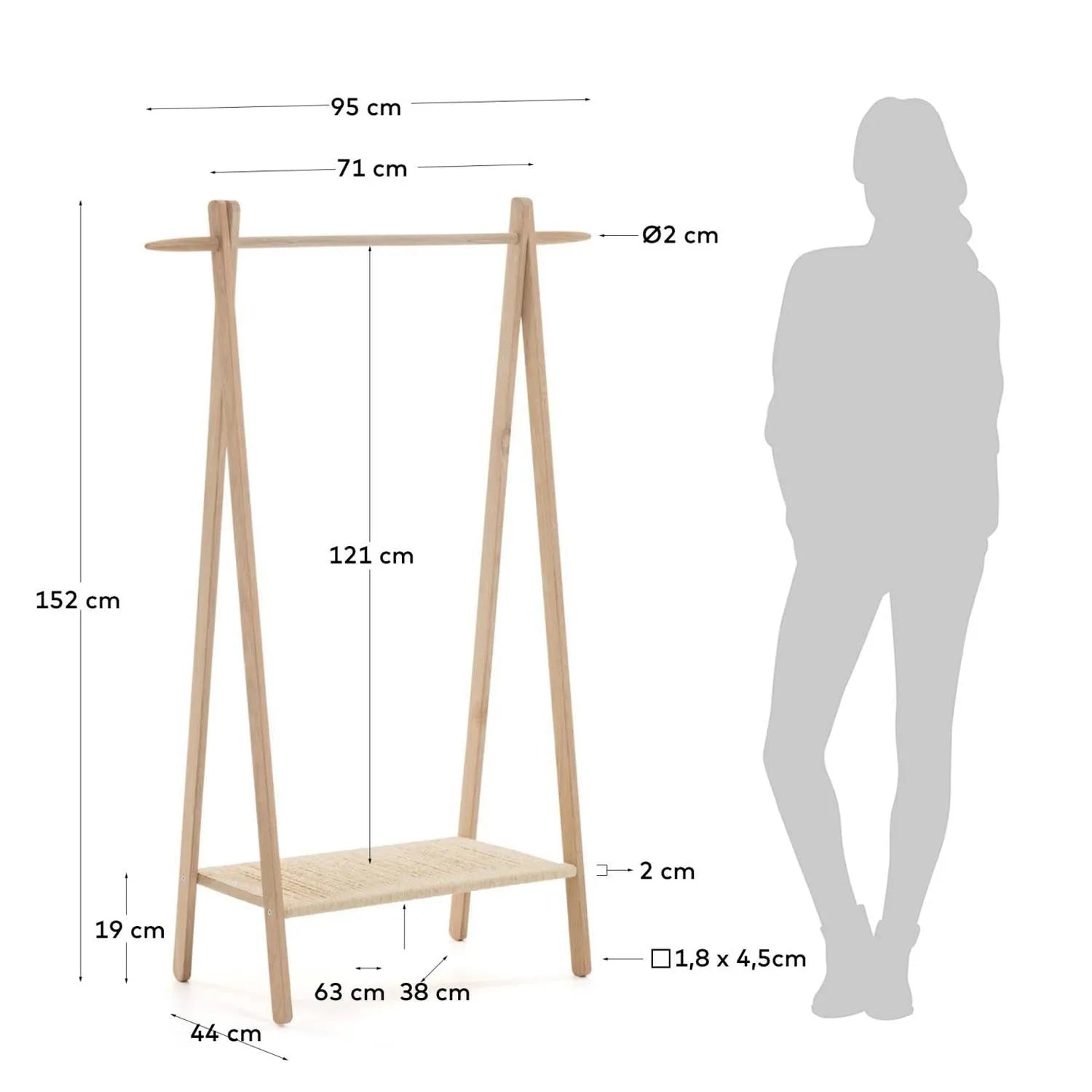 Eleganter Natane Kleiderständer aus Eiche und Rattan, 95x152 cm.