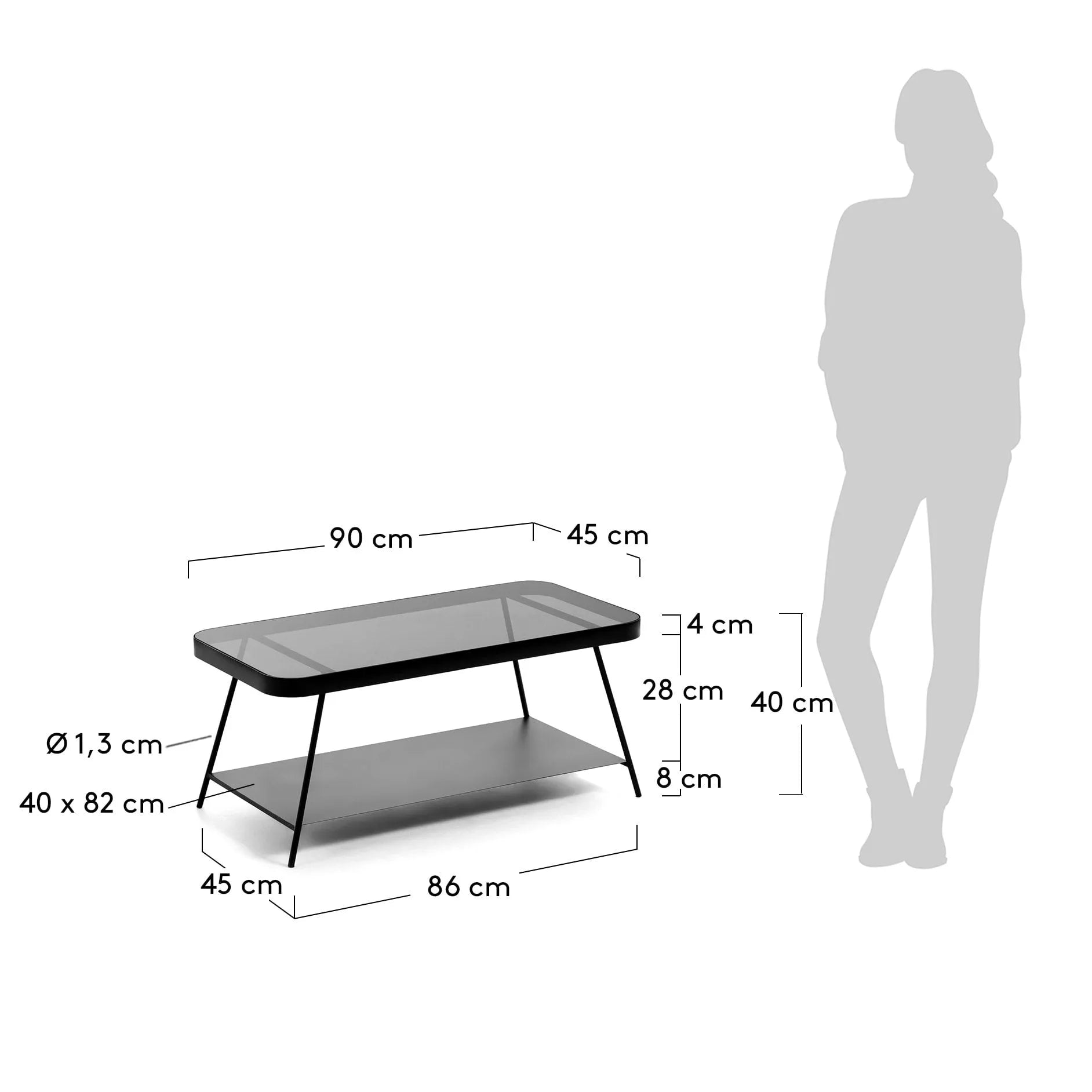 Eleganter Couchtisch mit rauchgrauem Glas und schwarzem Stahl, 90x45 cm, ideal für stilvolle Wohnzimmer.