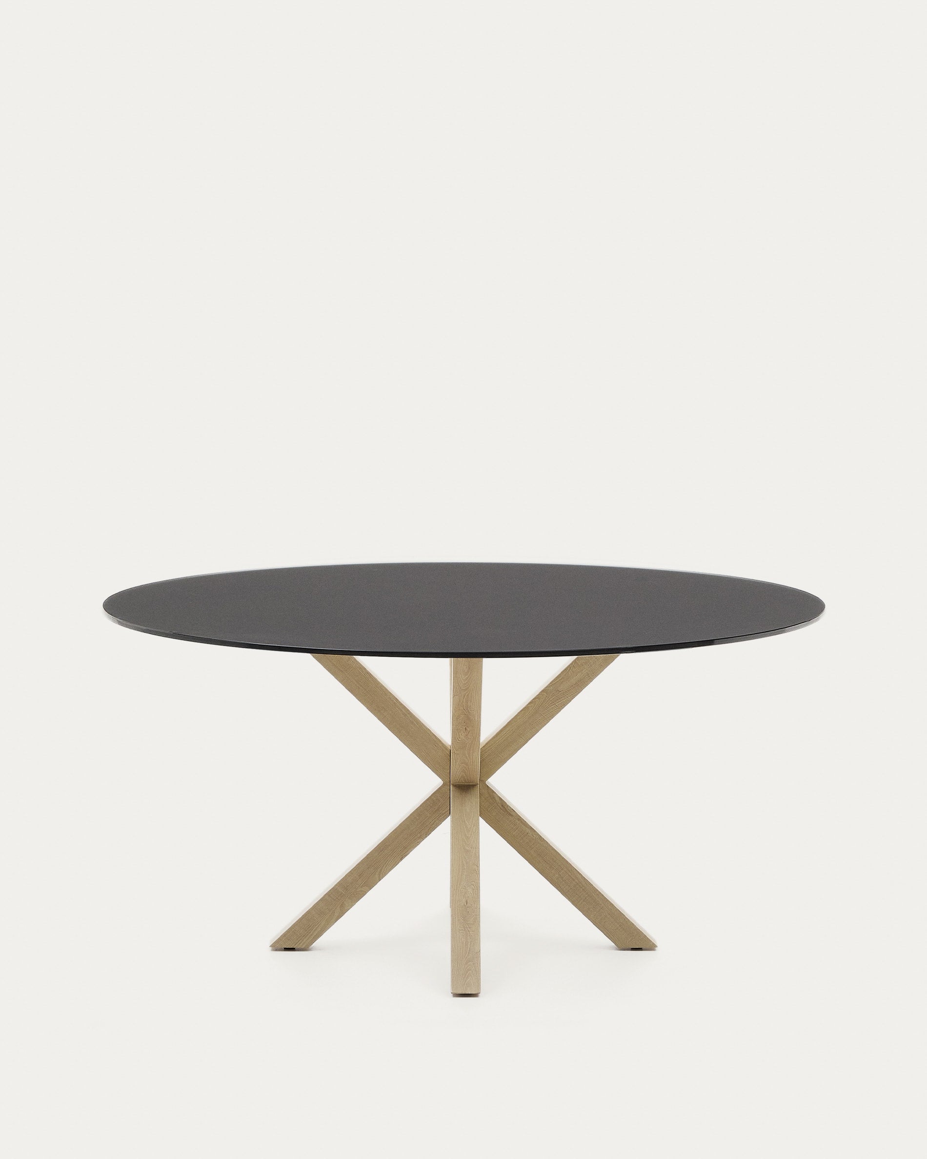 3D-Modell: Tisch Argo, schwarzes Milchglas, Stahlbeine in Holzoptik, Ø 150 cm, für 6 Personen, modern und stabil.