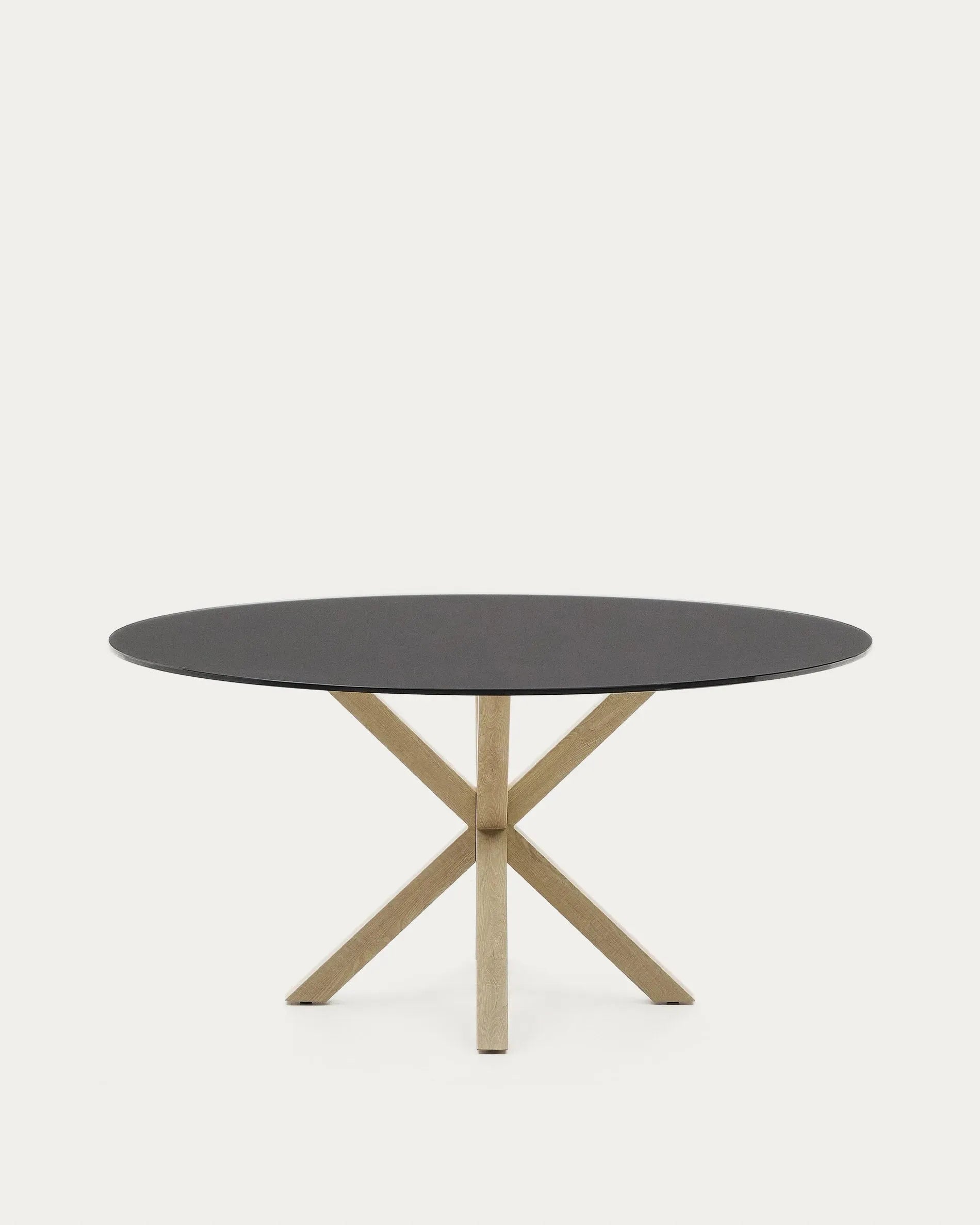 3D-Modell: Tisch Argo, schwarzes Milchglas, Stahlbeine in Holzoptik, Ø 150 cm, für 6 Personen, modern und stabil.