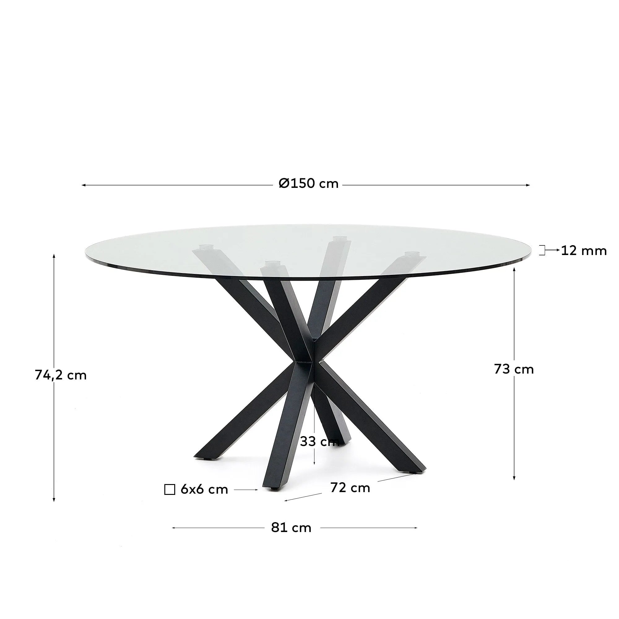 Moderner runder Glastisch Argo von Kave Home, Ø 150 cm, mit stilvollen Stahlbeinen in Holzoptik, ideal für zeitgemäße Einrichtungen.