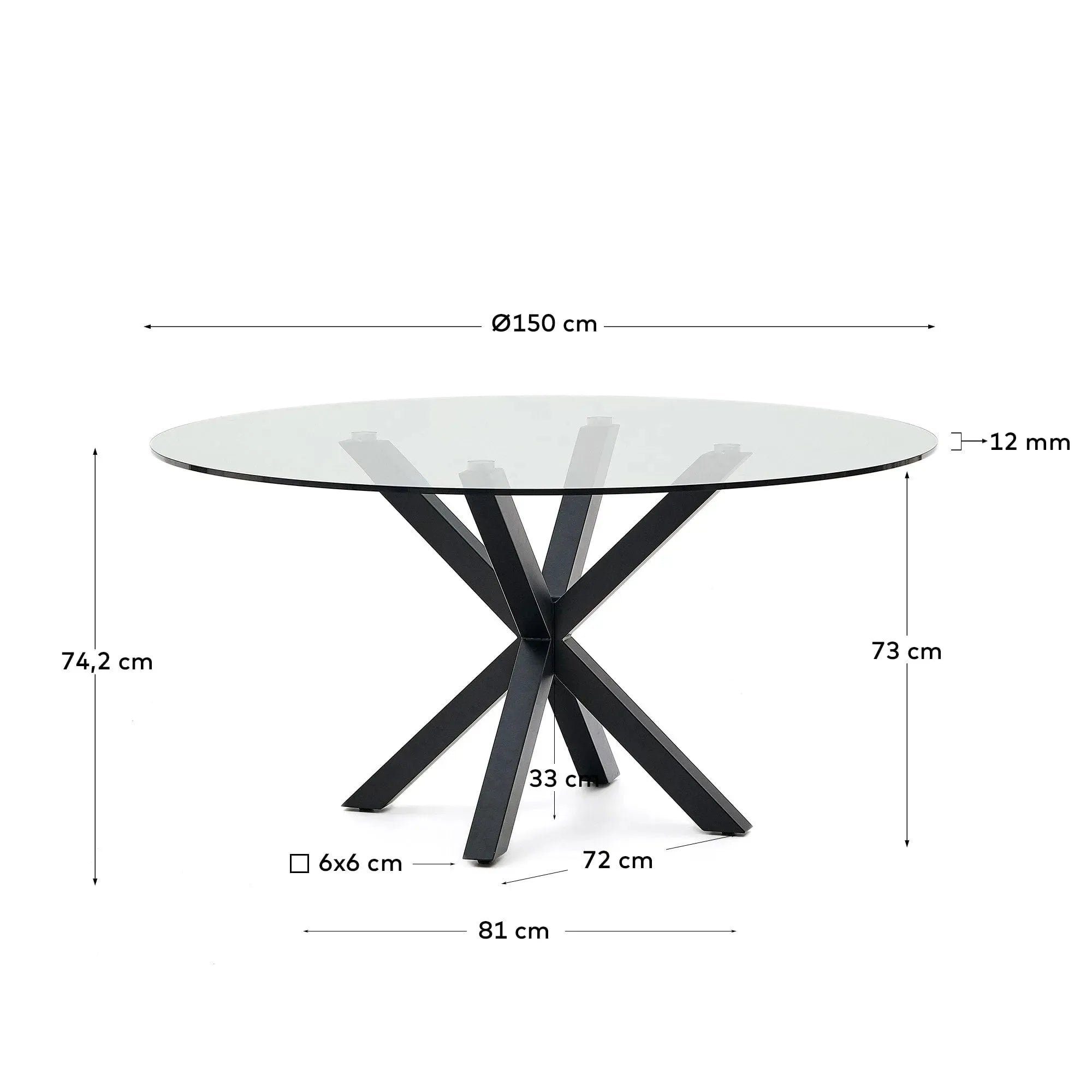Moderner runder Glastisch Argo von Kave Home, Ø 150 cm, mit stilvollen Stahlbeinen in Holzoptik, ideal für zeitgemäße Einrichtungen.