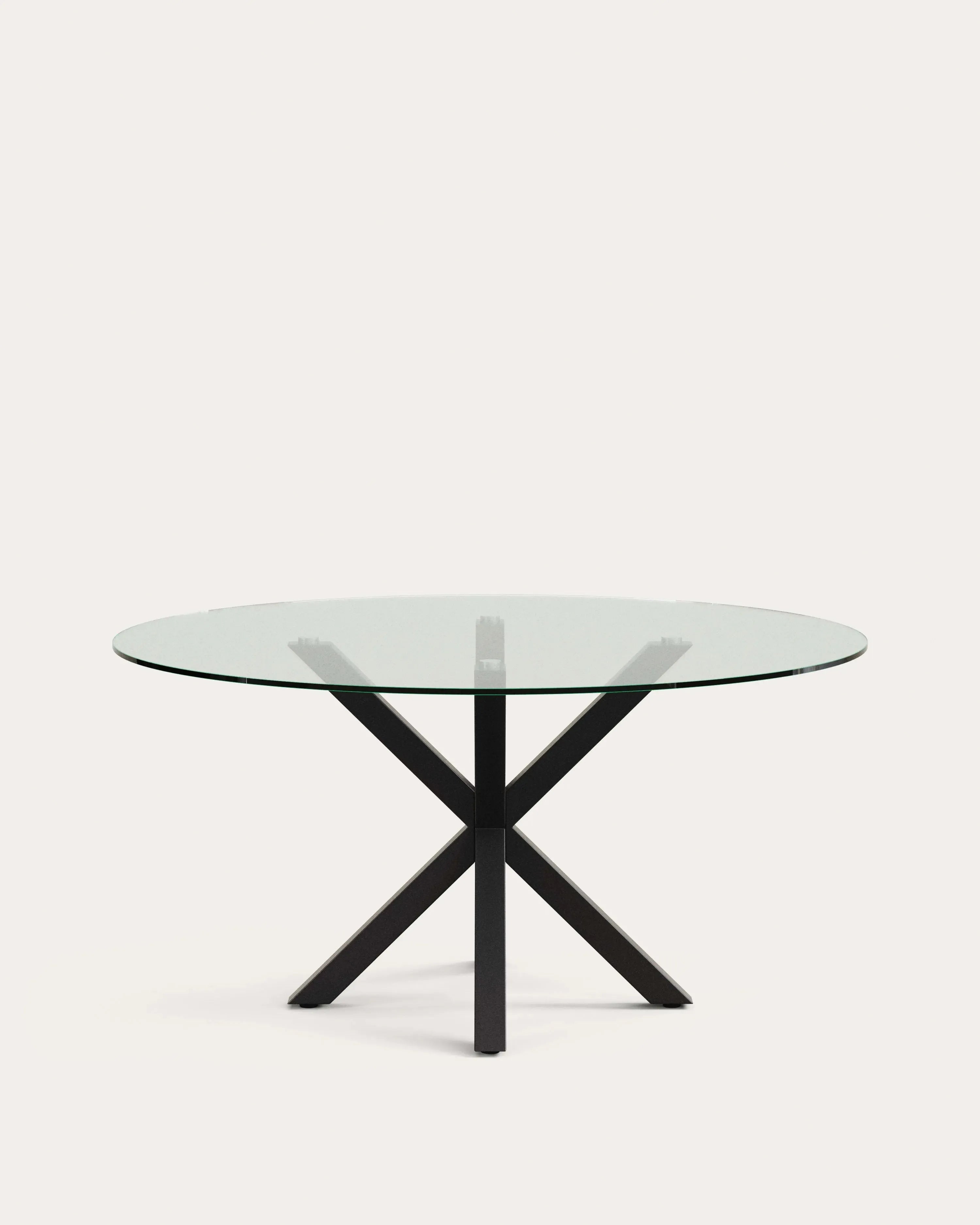 3D-Modell: Runder Esstisch Argo, Glasplatte, schwarze Stahlbeine, Ø 150 cm, modern und funktional.