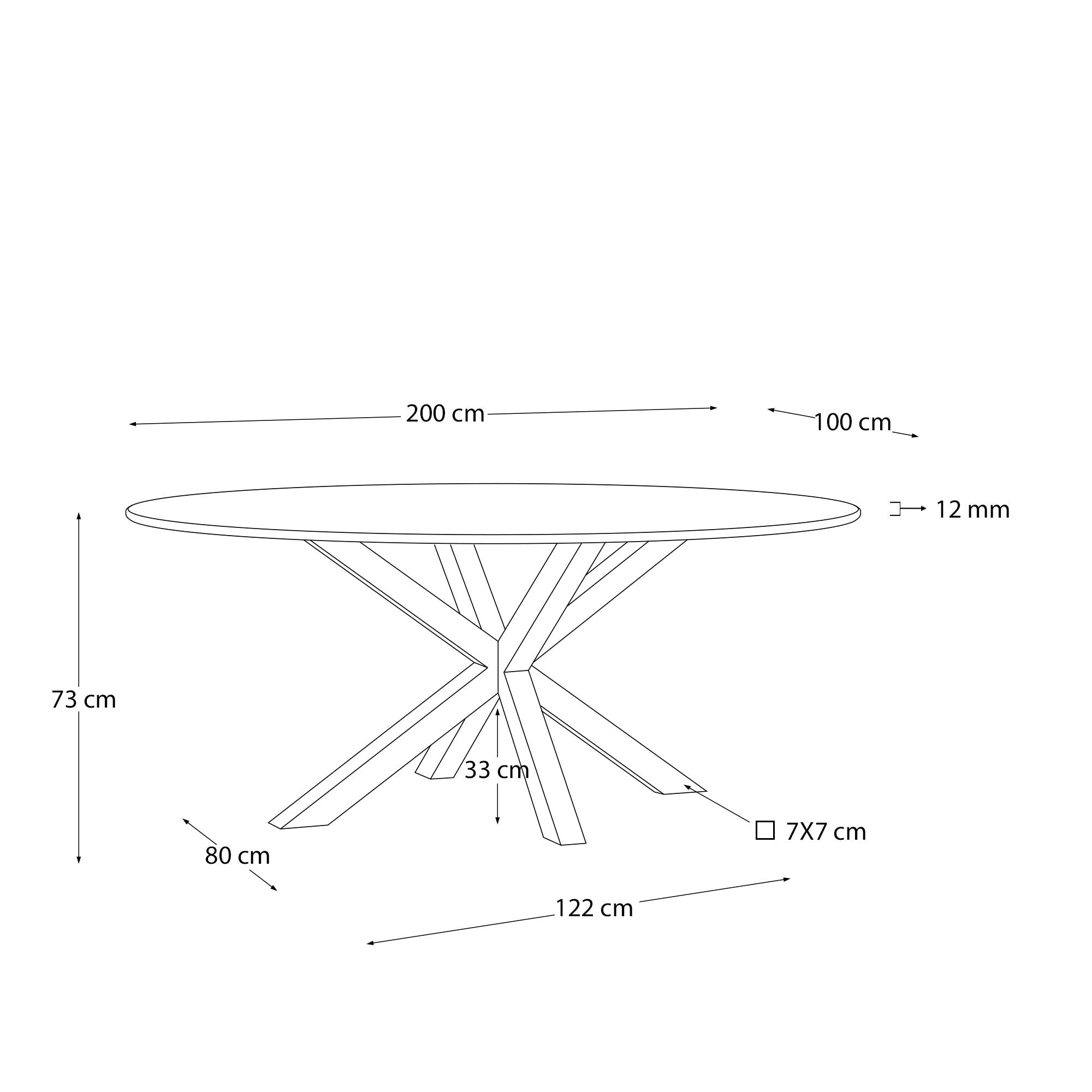 Eleganter ovaler Tisch Argo mit Glasplatte und Stahlbeinen in Holzoptik, 200 x 100 cm, ideal für moderne Wohn- und Essbereiche.