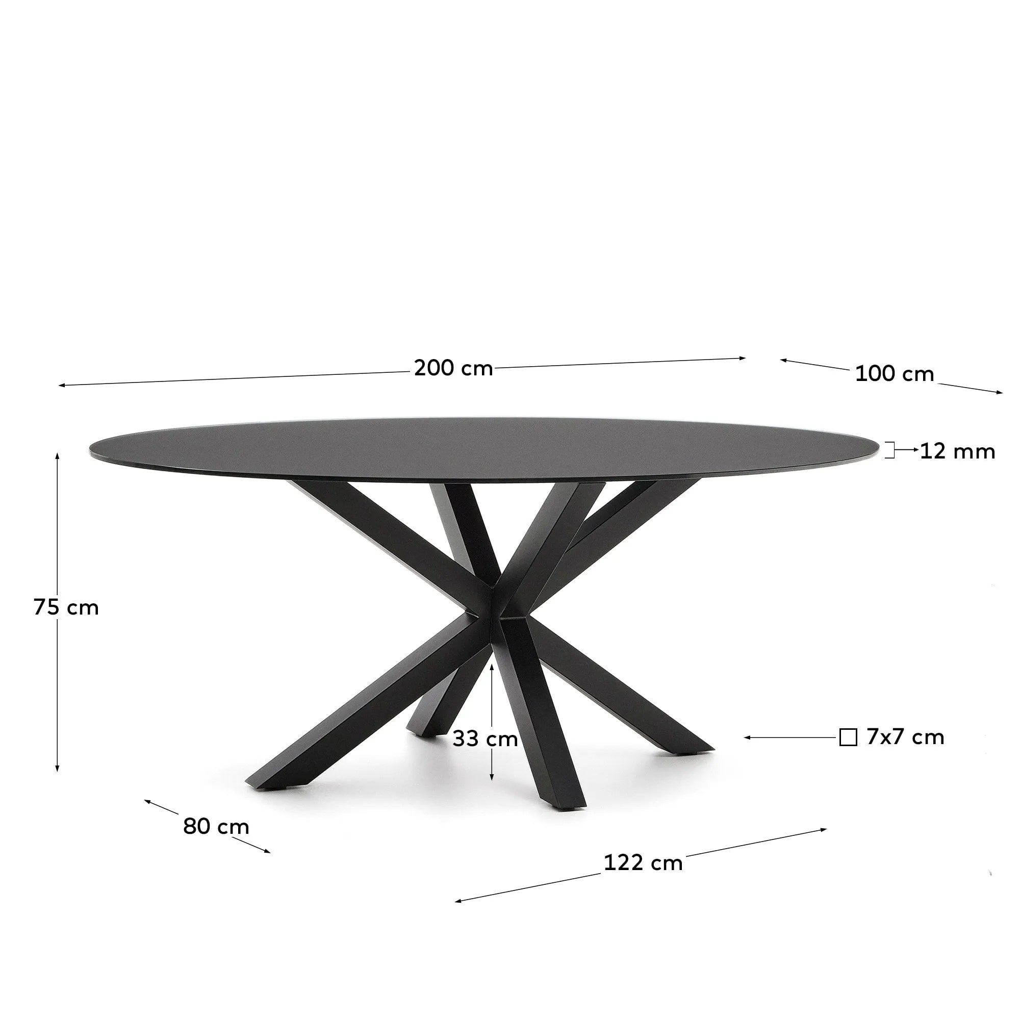 Eleganter Argo Tisch: Transparentes Glas trifft auf schwarze Stahlbeine, ideal für stilvolle Zusammenkünfte.