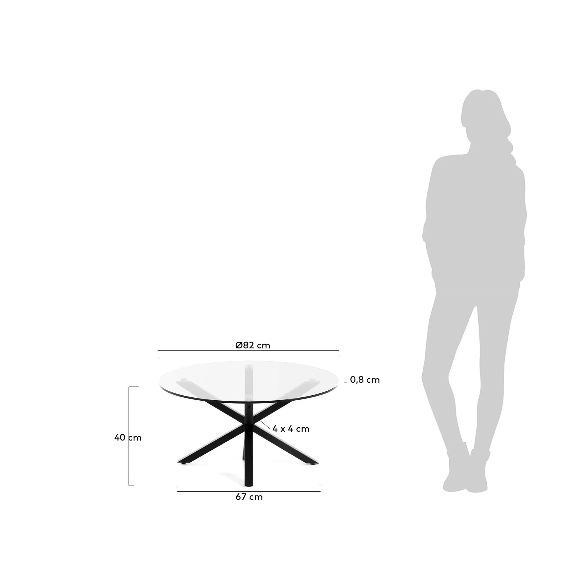 Eleganter Couchtisch aus Glas mit schwarzen Stahlbeinen, 82 cm Ø, modern und robust, ideal für stilvolle Wohnräume.