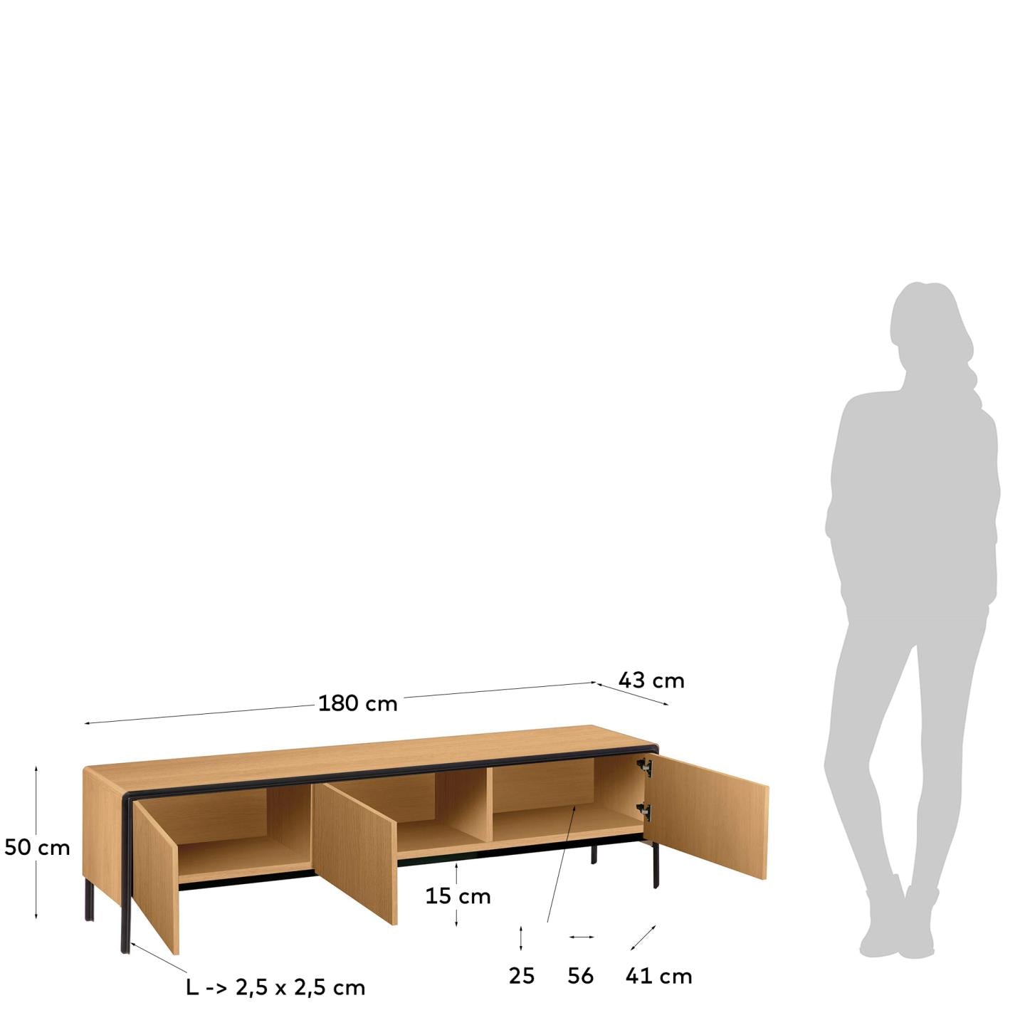 Nadyria TV-Schrank 3 Türen Eichenfurnier und Stahl mit schwarzem Finish 180 x 50 cm in  präsentiert im Onlineshop von KAQTU Design AG. TV-Möbel ist von Kave Home