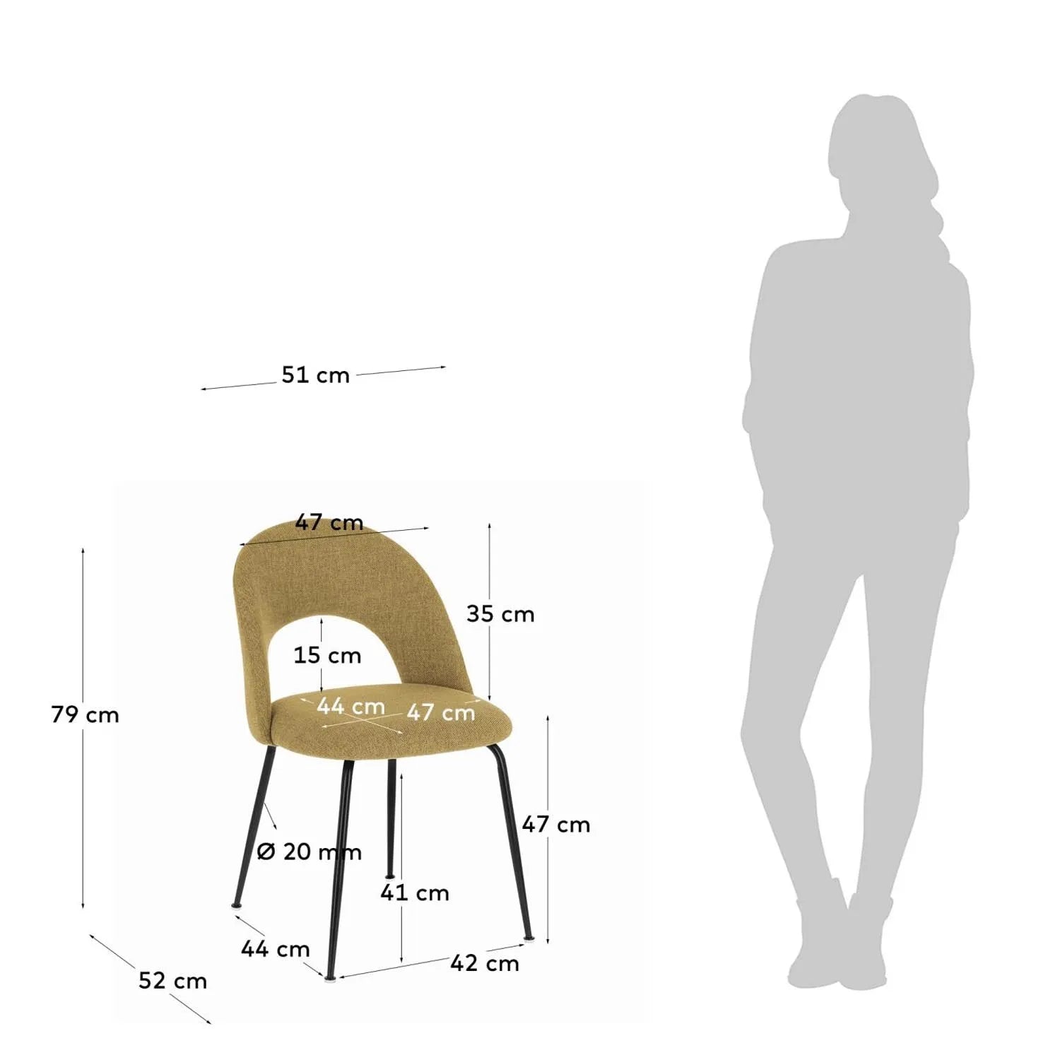 Mahalia Stuhl: Senfgelb, schwarze Beine, modernes Kave Home Design.
