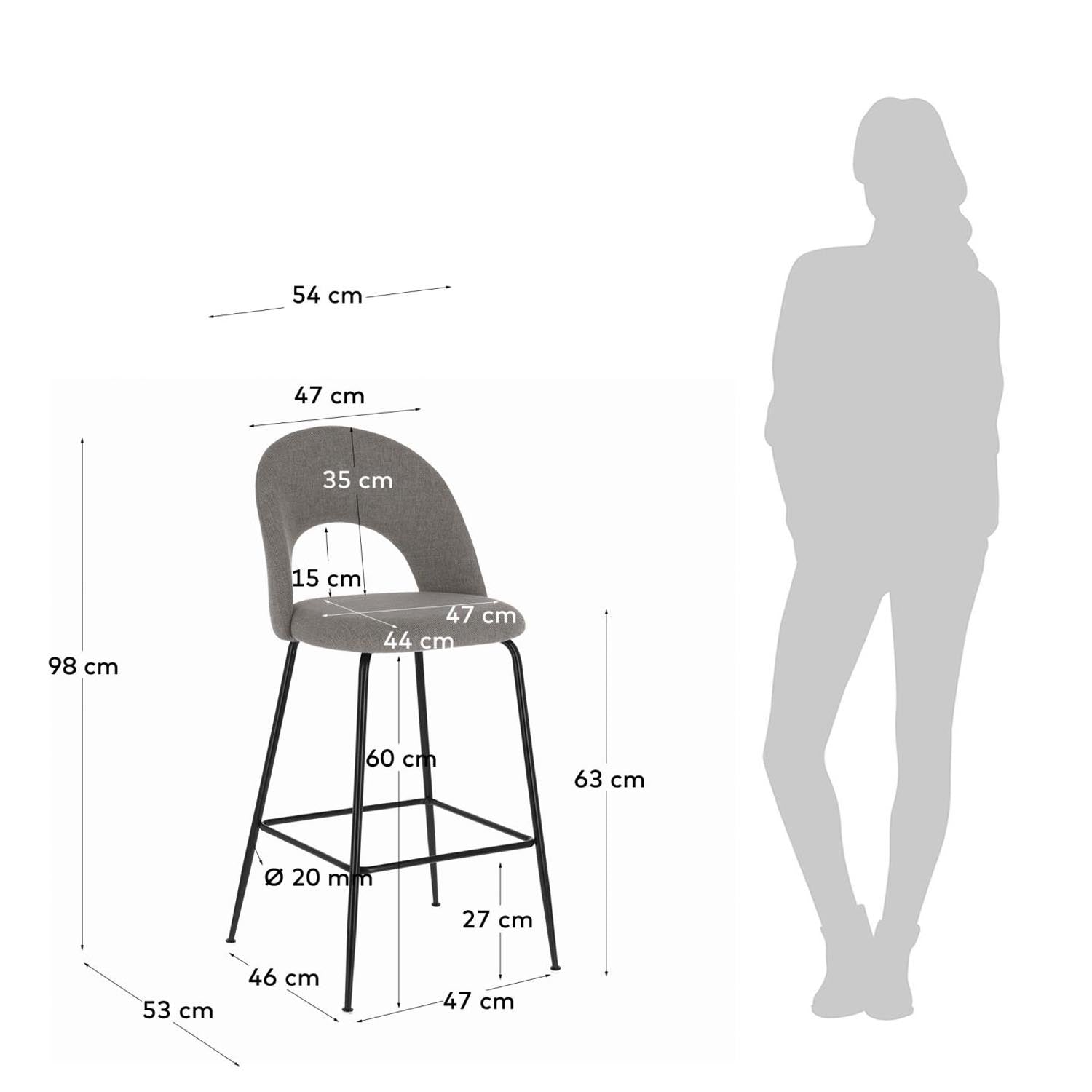 Eleganter Mahalia Barhocker: Hellgrau, Stahl, 63 cm, Kave Home.