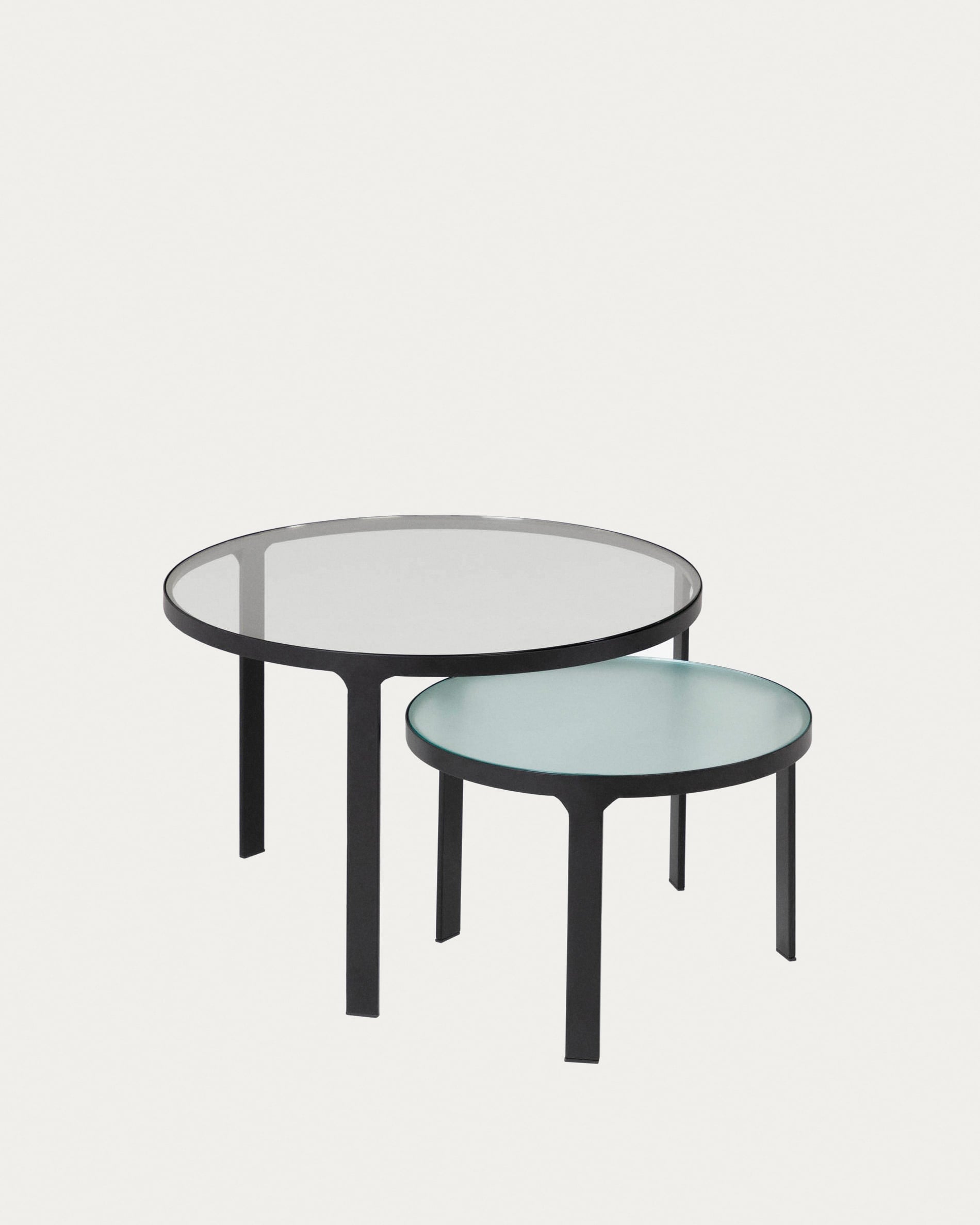 3D-Modell des Oni Sets: Zwei elegante Glastische (Ø 70 cm & Ø 50 cm) für modernes Wohnen, ideal für AR.