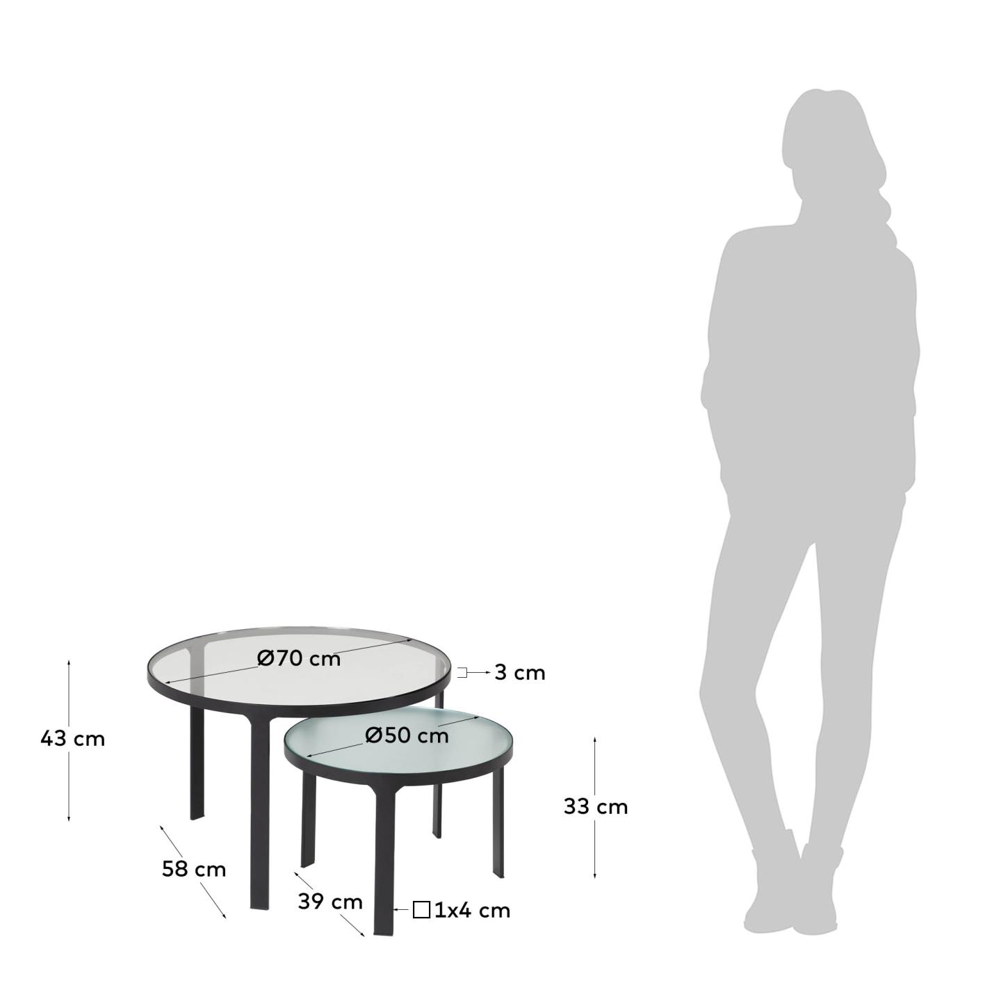 Das Oni Set von Kave Home umfasst zwei stilvolle Beistelltische (Ø 70 cm und Ø 50 cm) mit modernem Design und vielseitiger Nutzung.