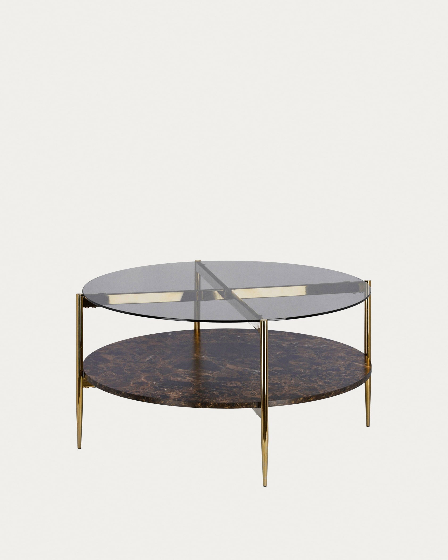 3D-Modell des Kamilah Couchtischs: Ø 84 cm, getöntes Glas, Marmoreffekt, goldene Struktur, elegant und funktional.