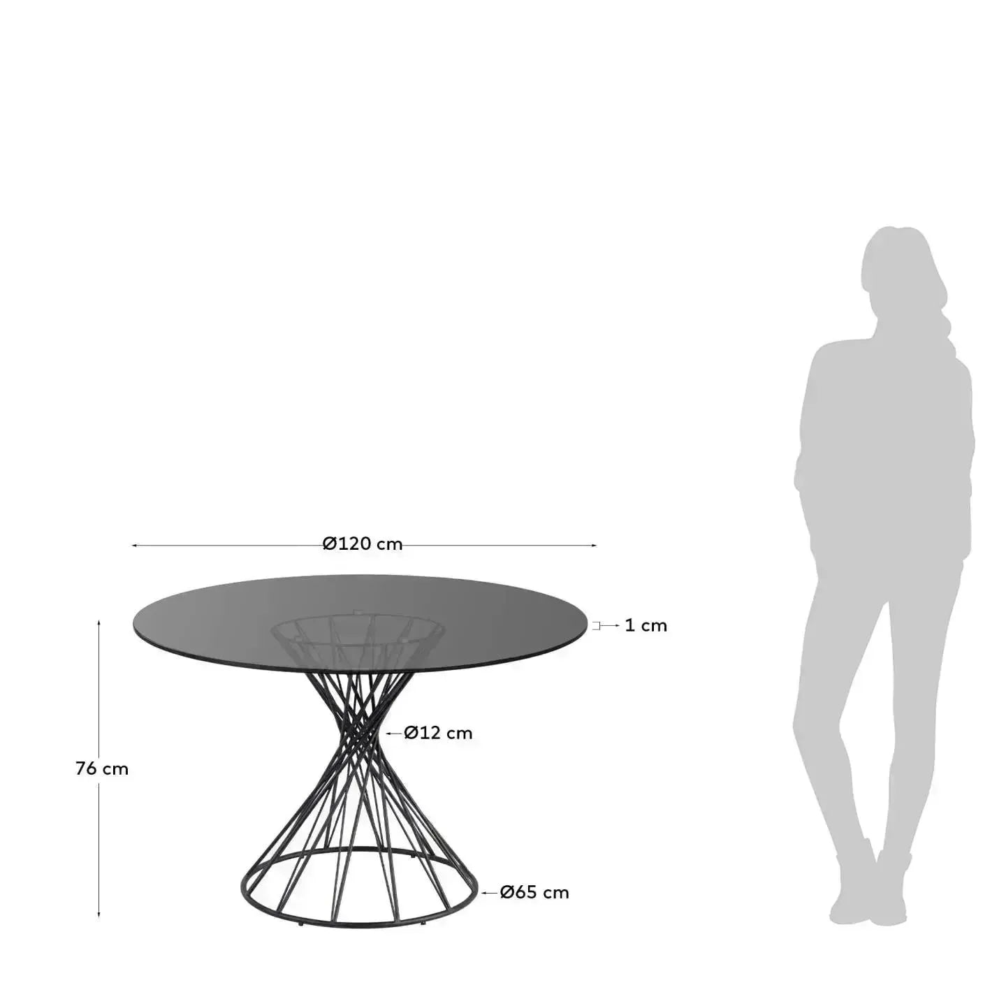 Moderner runder Tisch mit Glasplatte und schwarzen Stahlbeinen, Ø 120 cm, ideal für stilvolle Wohnräume, von Kave Home.