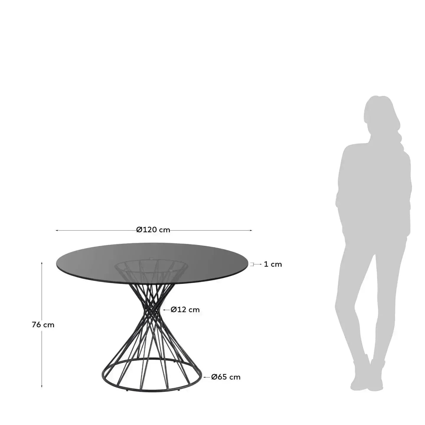 Moderner runder Tisch mit Glasplatte und schwarzen Stahlbeinen, Ø 120 cm, ideal für stilvolle Wohnräume, von Kave Home.