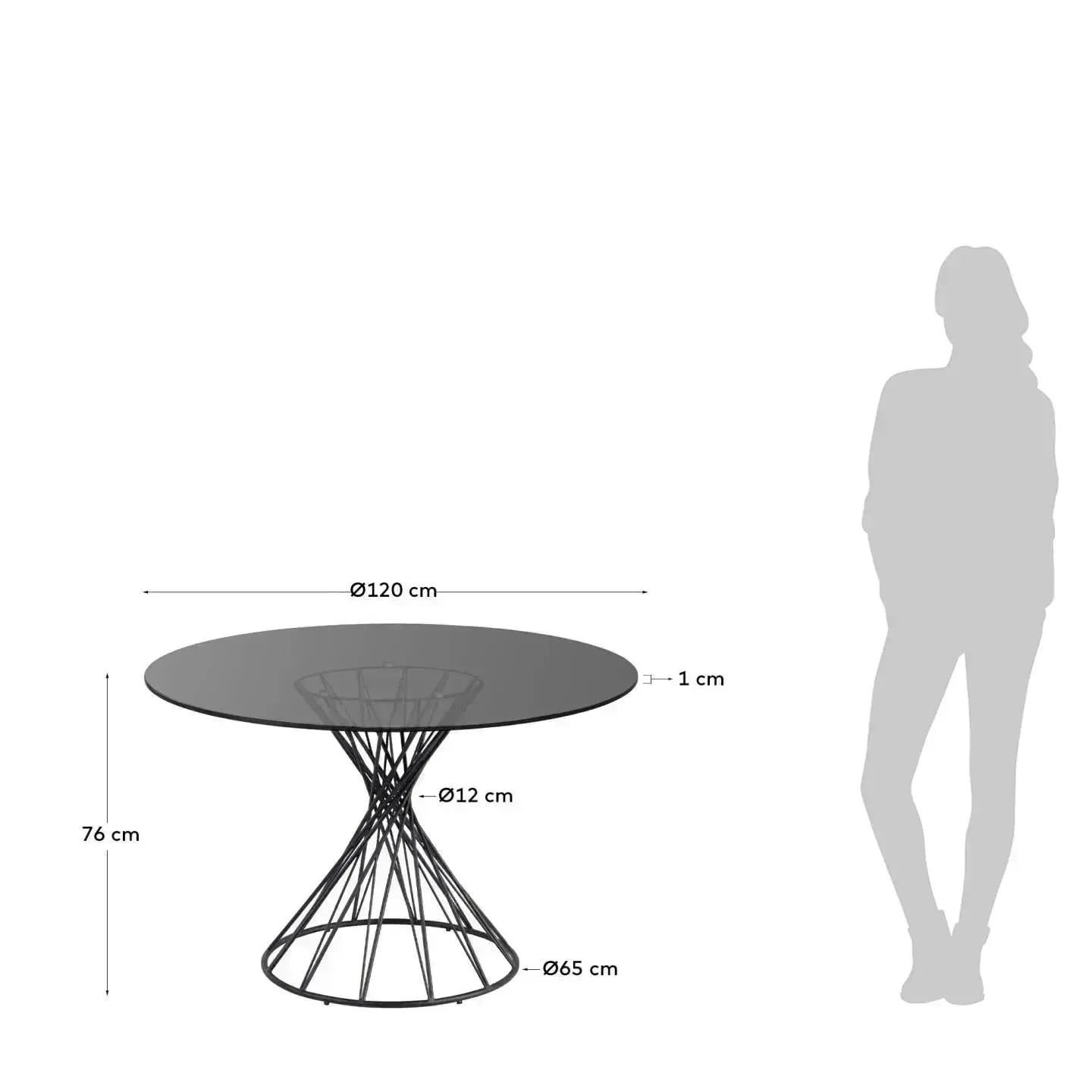 Moderner runder Tisch mit Glasplatte und schwarzen Stahlbeinen, Ø 120 cm, ideal für stilvolle Wohnräume, von Kave Home.