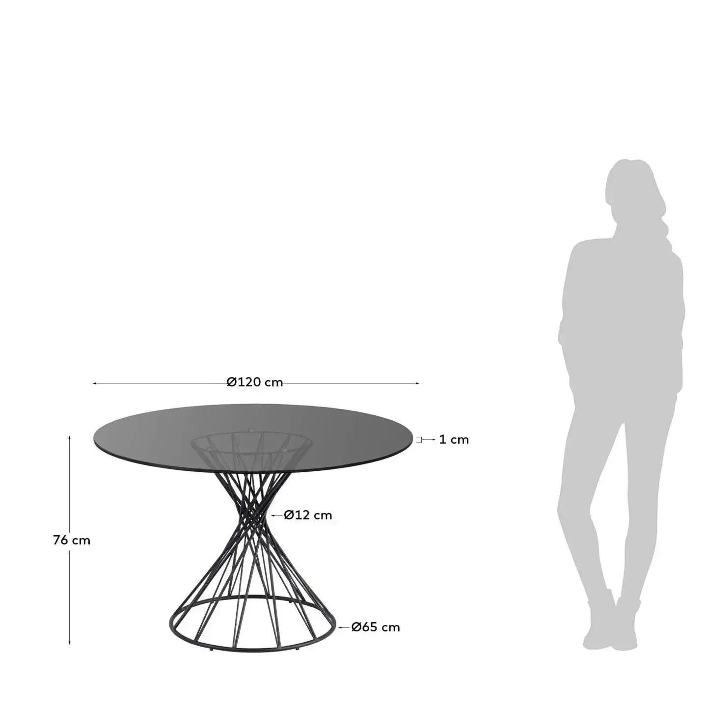 Moderner runder Tisch mit Glasplatte und schwarzen Stahlbeinen, Ø 120 cm, ideal für stilvolle Wohnräume, von Kave Home.
