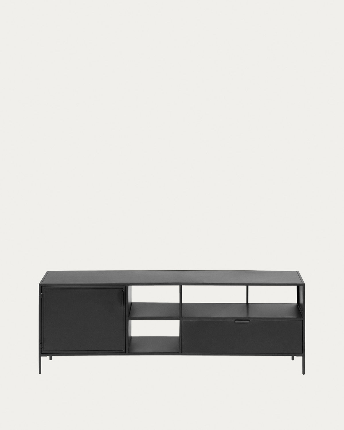 Shantay TV-Schrank 1 Türe und 1 Schublade aus Metall mit schwarzem Finish 150 x 50 cm in Schwarz präsentiert im Onlineshop von KAQTU Design AG. TV-Möbel ist von Kave Home