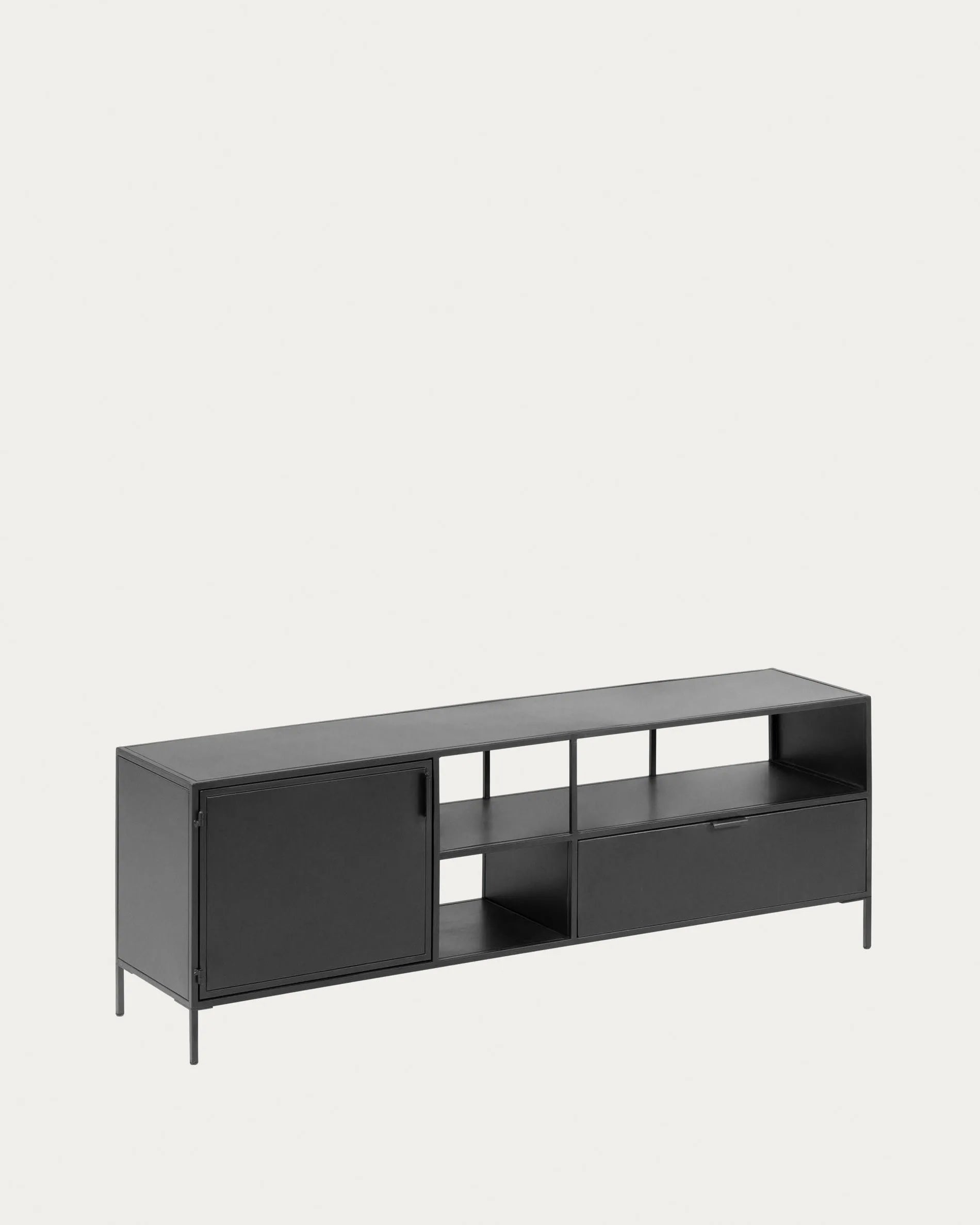 Eleganter TV-Schrank im Industrial-Design mit schwarzem Metall, Tür und Schublade für stilvolle Ordnung.