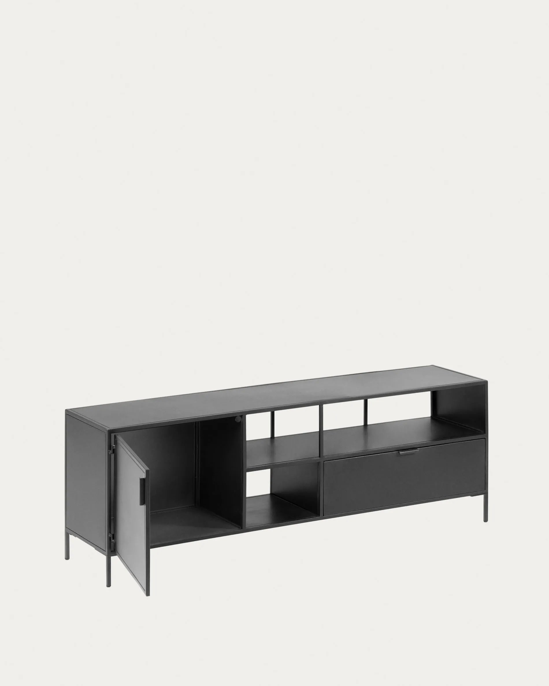 Eleganter TV-Schrank im Industrial-Design mit schwarzem Metall, Tür und Schublade für stilvolle Ordnung.