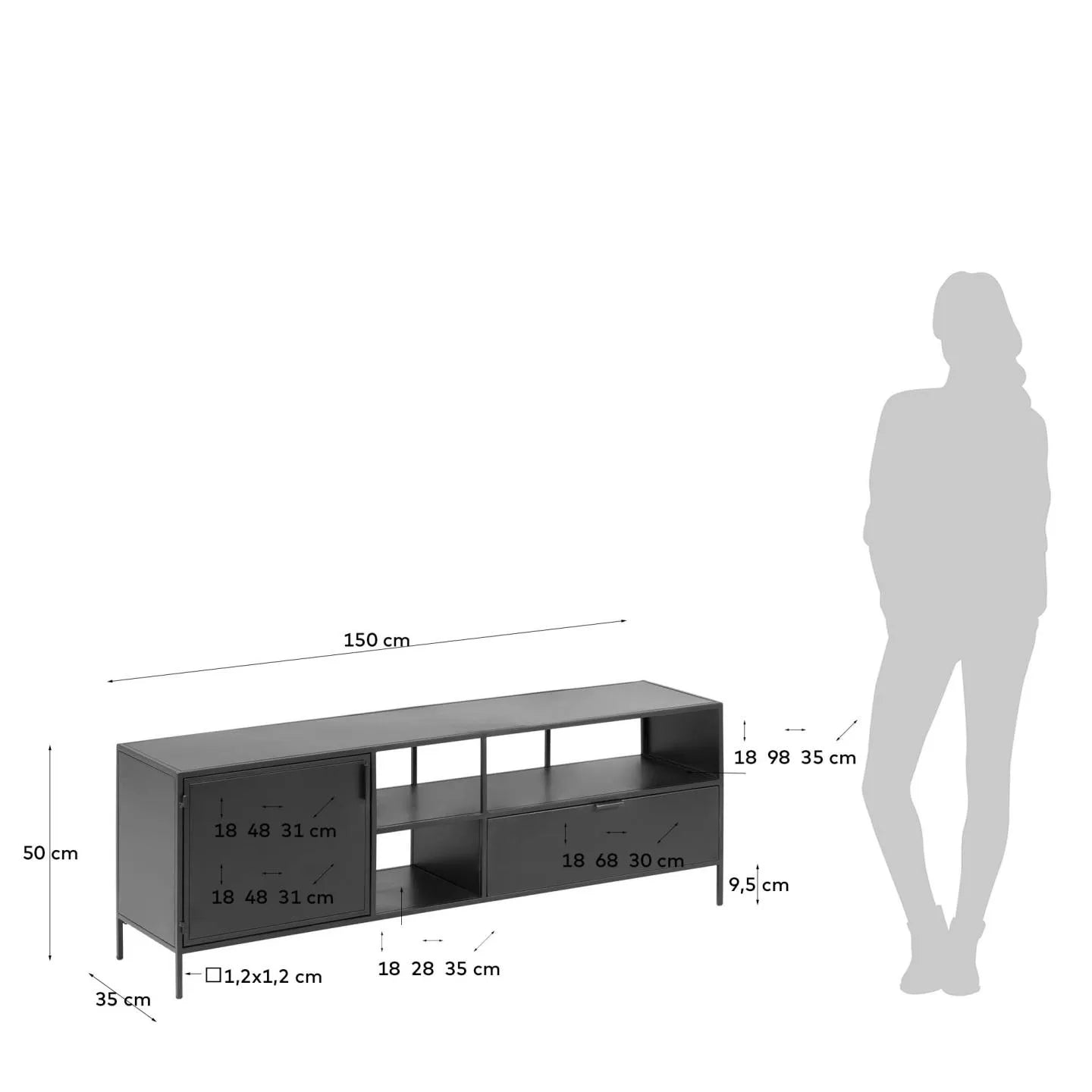 Eleganter TV-Schrank im Industrial-Design mit schwarzem Metall, Tür und Schublade für stilvolle Ordnung.